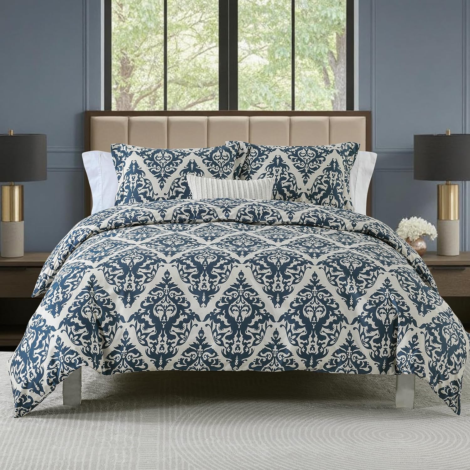 Duvet Cover Queen - 100% Cotton Navy Damask Duvet Cover Queen Size, 3 Pieces Ultra Soft Breathable Texture Bedding Duvet Covers Set for All Season (Navy, 90"x90", No Comforter)