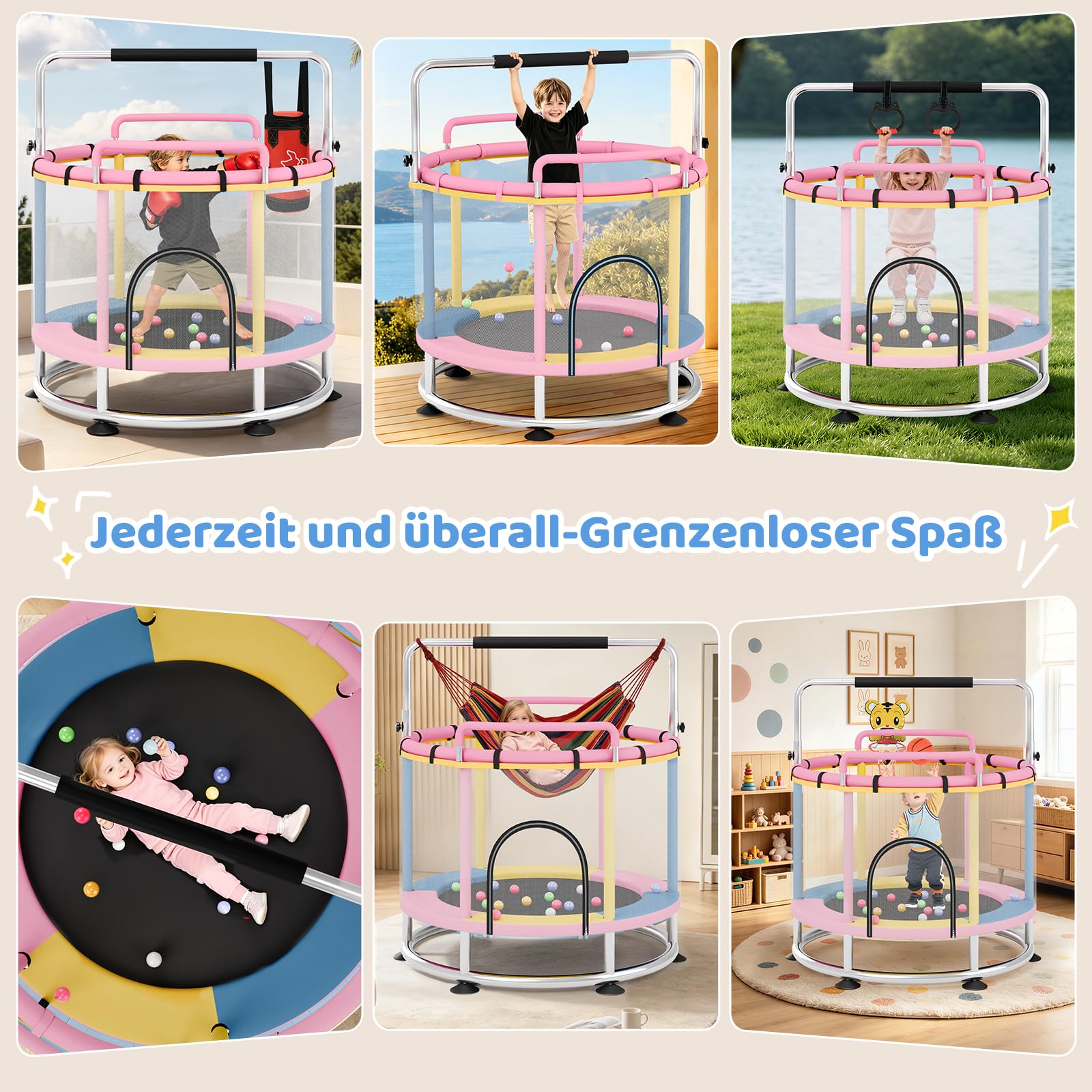 Trampoline pour enfants, 150 cm, charge maximale : 250 kg, barre de gymnastique réglable en 3 positions, filet de sécurité, base antidérapante, balançoire, sac de sable