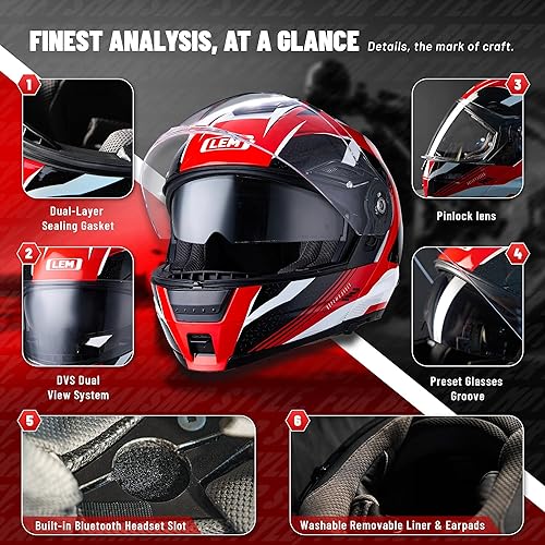 Miniatura 8 de LEM Cascos de motocicleta modular de fibra de vidrio, casco de motocicleta de cara completa abatible para excursiones, certificado por DOT, visera