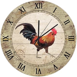 Wall Clock 16in Country Chicken Wood Wall Clock Non Ticking Analog Quartz Battery Operated Clock Roman Numerals Wooden Clock Decorative 16in Wooden Wall Decor for Hallway School Man Cave