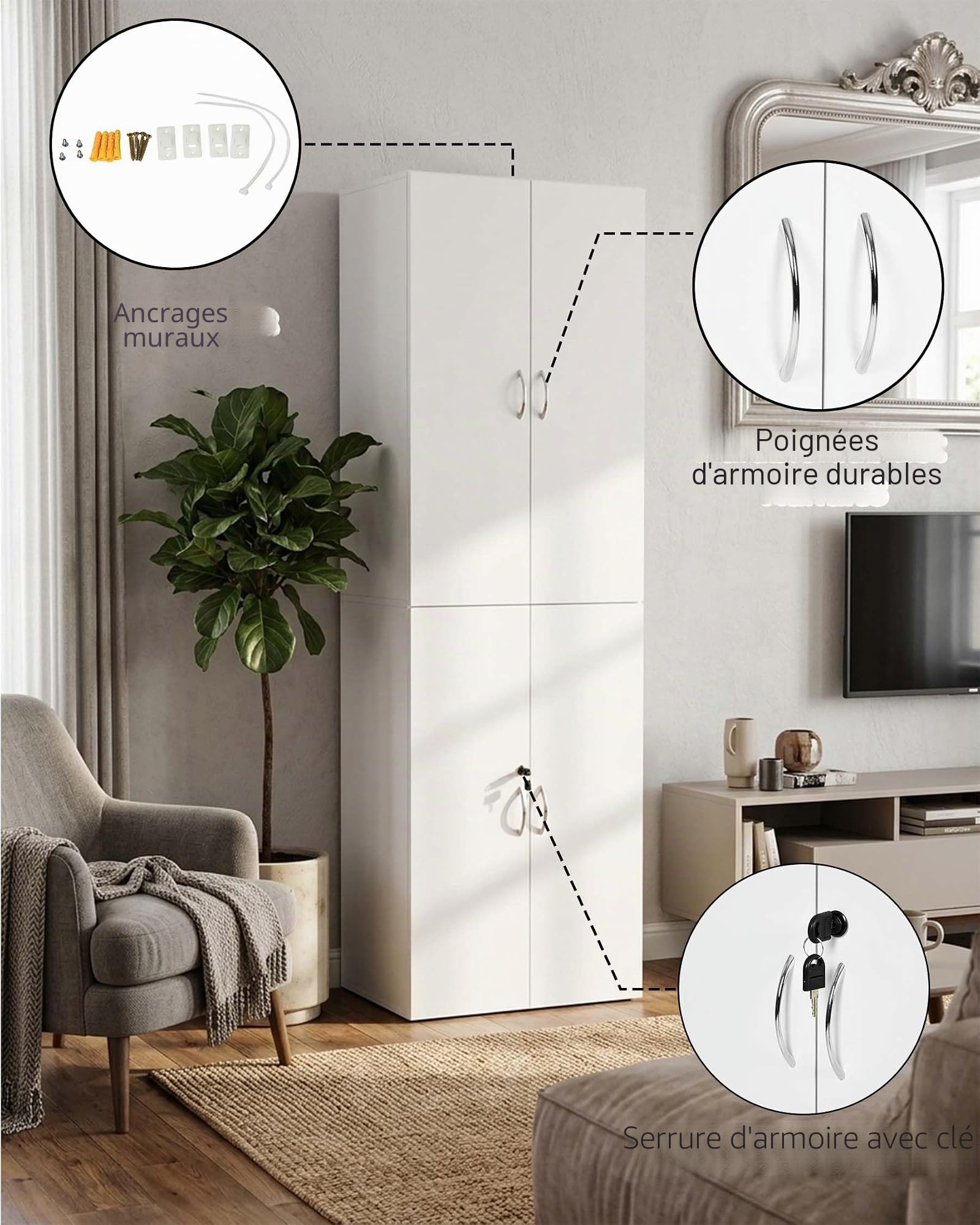 Armoire à documents verrouillable Placard de bureau blanc avec portes 58x30x180 cm Placard multi-usages Armoire haute Armoire de stockage en bois étroite Placard pour bureau Couloir Placard