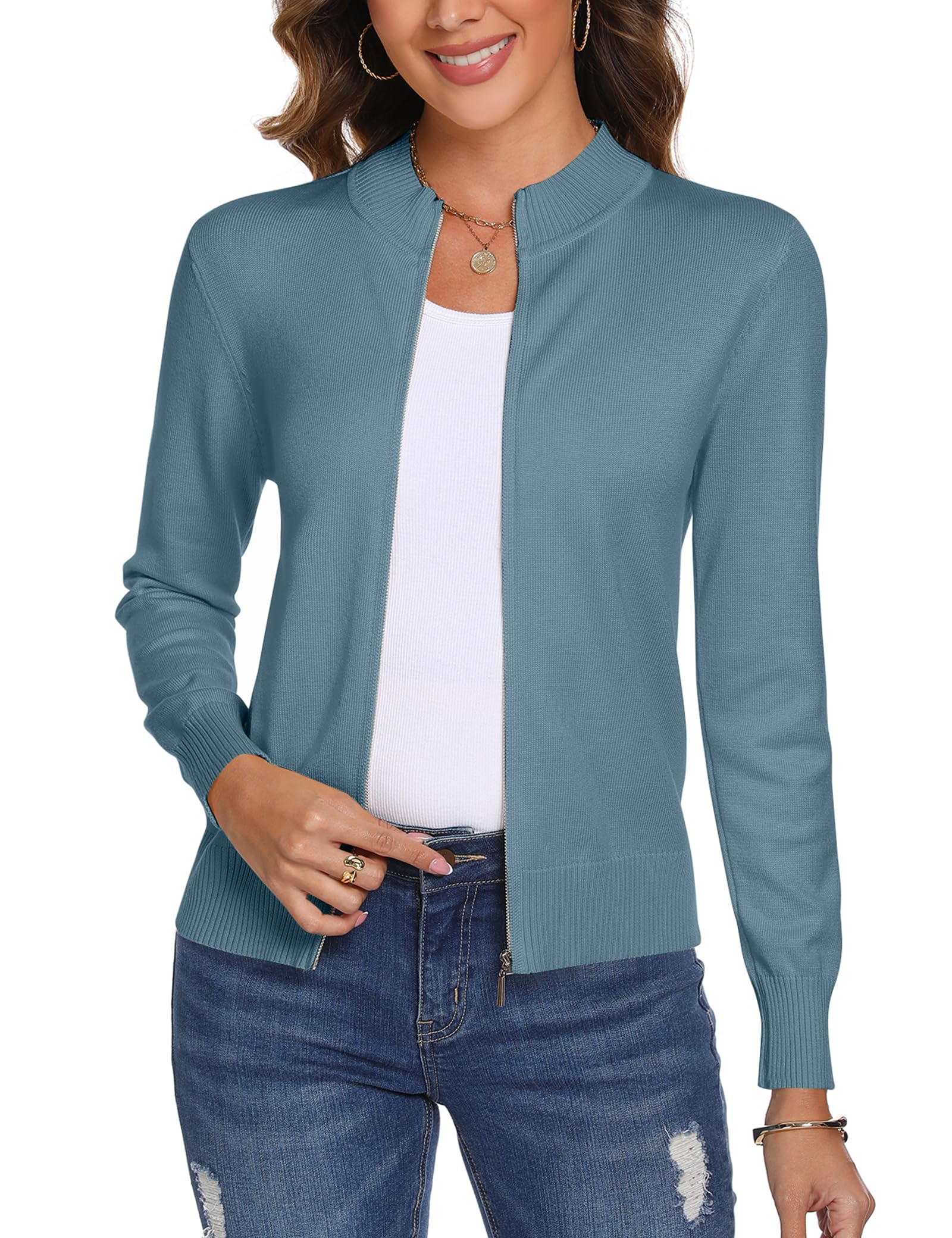 Aottori Cardigan Donna con Zip Maglione Cerniera Leggero Giacca in Maglia Elegante Golfino a Maniche Lunghe Pullover Aperta Casual per Primavera Autunno Invernale