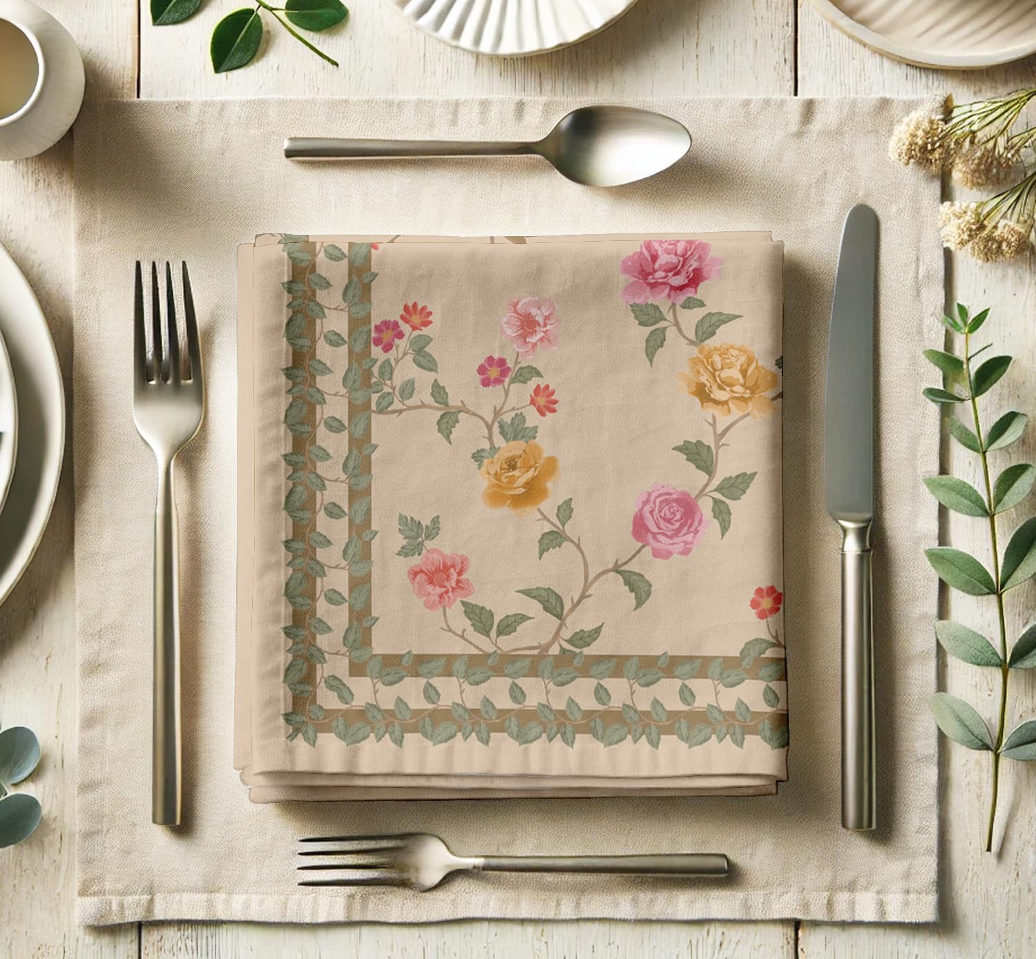 Luxury Cotton Twill Napkins - Set of 12, 20-Inch Floral Pattern, Premium Thick Cloth Napkins for Elegant Dining & Special Occasions - Soft, Absorbent & Machine Washable
