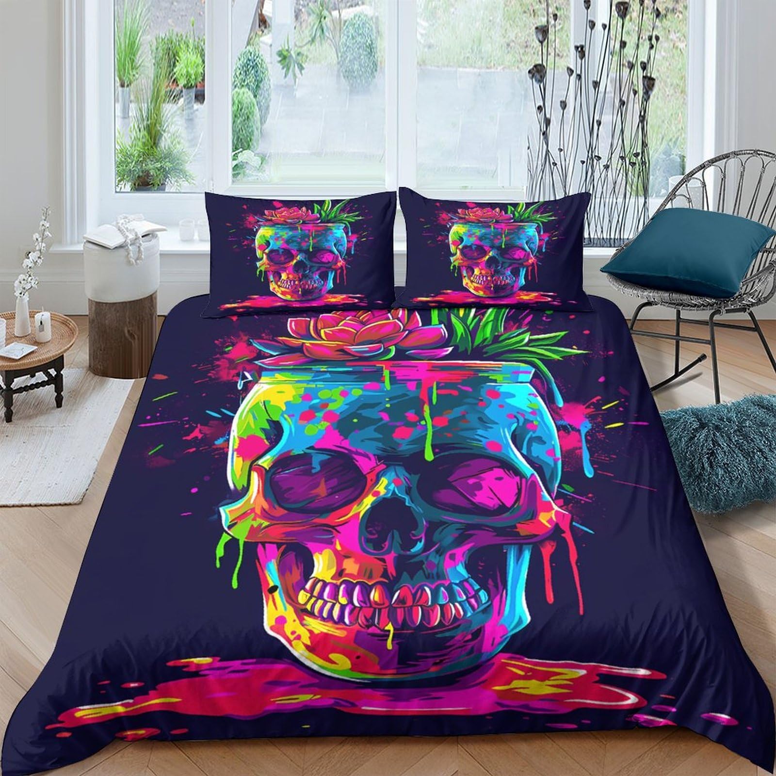 Ctjqhvkz Style-5 3D Printed Neon Skull Fitted Sheet Microfiber Colorful Art Mattress Cover For Bedroom Dorm Mattress Protection Decor Single（135X200cm）
