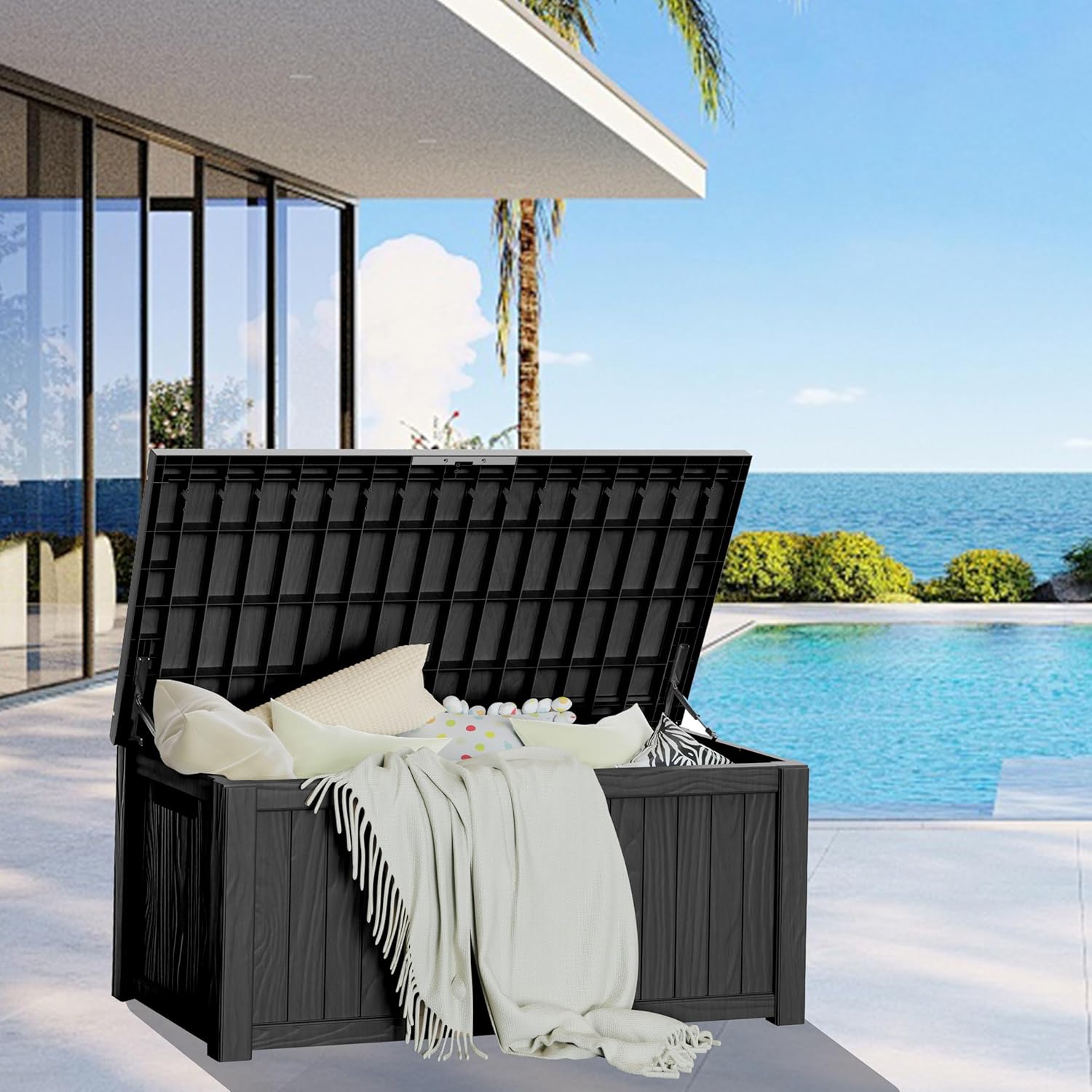 150 Gallon Outside Storage Box & Bench,Lockable&Waterproof Storage Organizer for Patio Furniture Accessories, Garden Tools, Indoor Storage for Cushion, Onyx Black