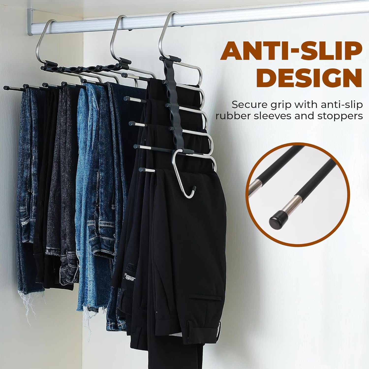 Space Saving Pants Hangers 4-Pack – 5-Tier Non-Slip Metal Closet Organizer for Pants, Jeans, Trousers, Skirts & Slacks – Multi-Layer Closet Storage Rack for Wardrobe Organization