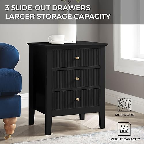 Miniatura 5 de OCANDO Mesita de noche negra acanalada de 19 pulgadas, 3 cajones, mesa auxiliar de cama para sala de estar pequeña, armario de almacenamiento Negro