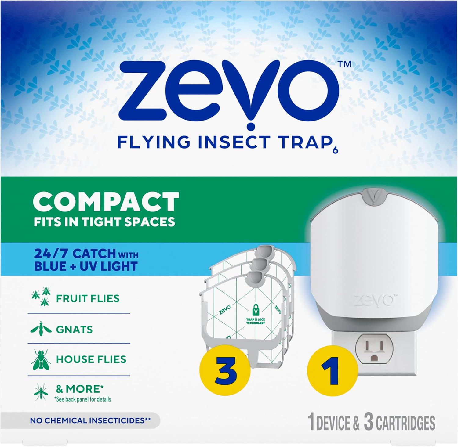 Zevo Compact Flying Insect Trap Kit with Refill Cartridges - Plug-in Indoor Bug Catcher for Gnats, House & Fruit Flies - Blue + UV Light Technology, No Odor, No Mess (1 Plug-in Device + 3 Cartridges)