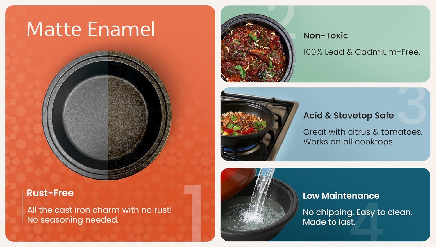 Features of the tagine's matte enamel cast iron base, including rust-free, non-toxic, acid and stovetop safe, and low maintenance