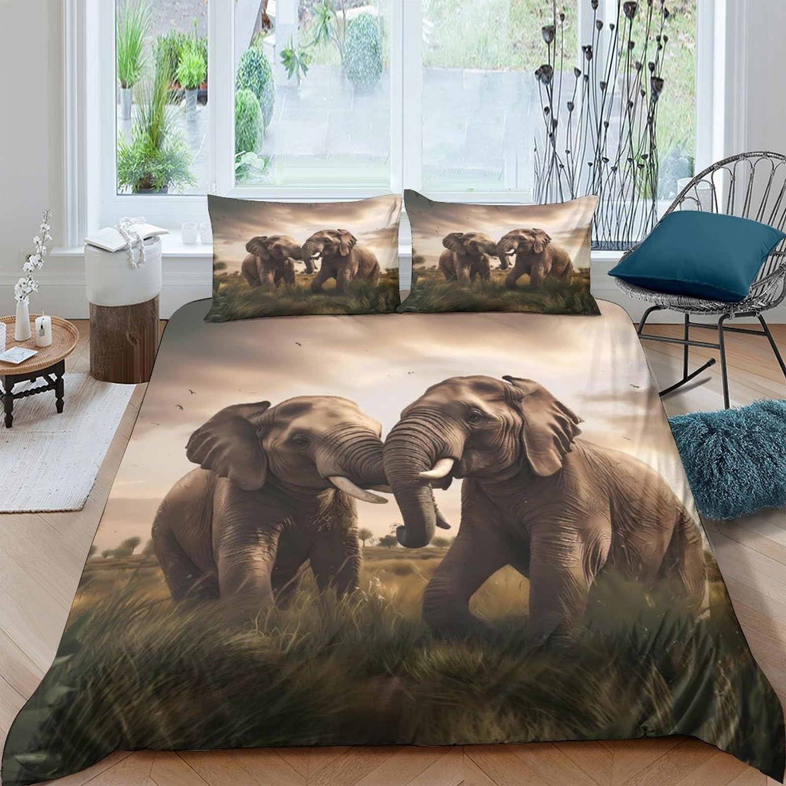 TUFRTGYHN 3D Printed Elephant Landscape Duvet Cover Set Microfiber Breathable African Wildlife Bedding Set with 2 Pillowcases for Bedroom Home Single（135x200cm）