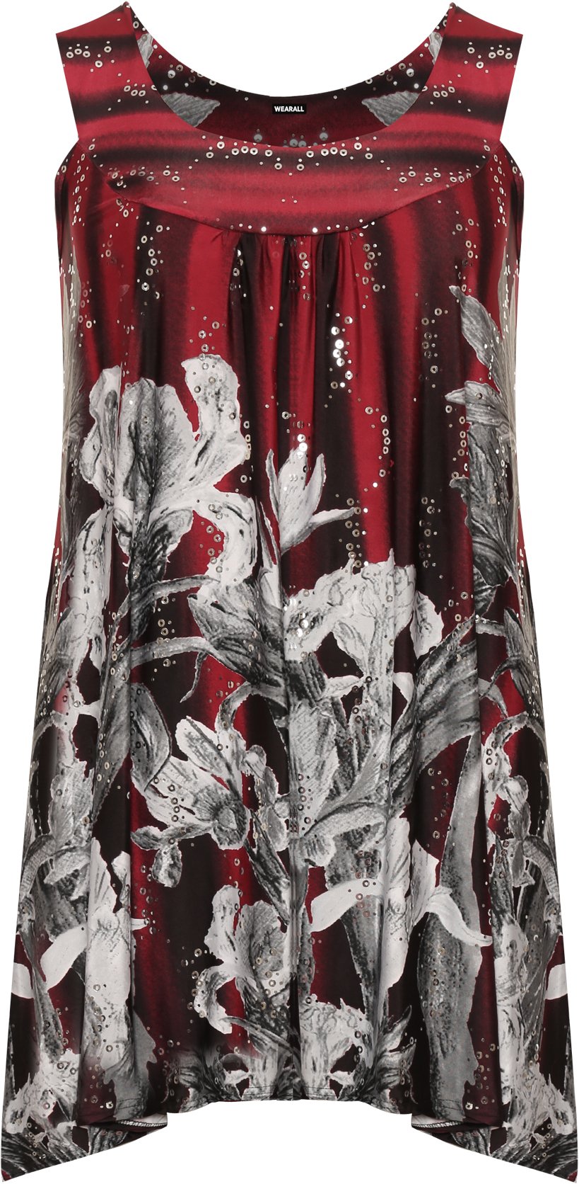 Plus Size Womens Sequin Print Ladies Sleeveless Long Swing Vest Top - Wine - 26-28