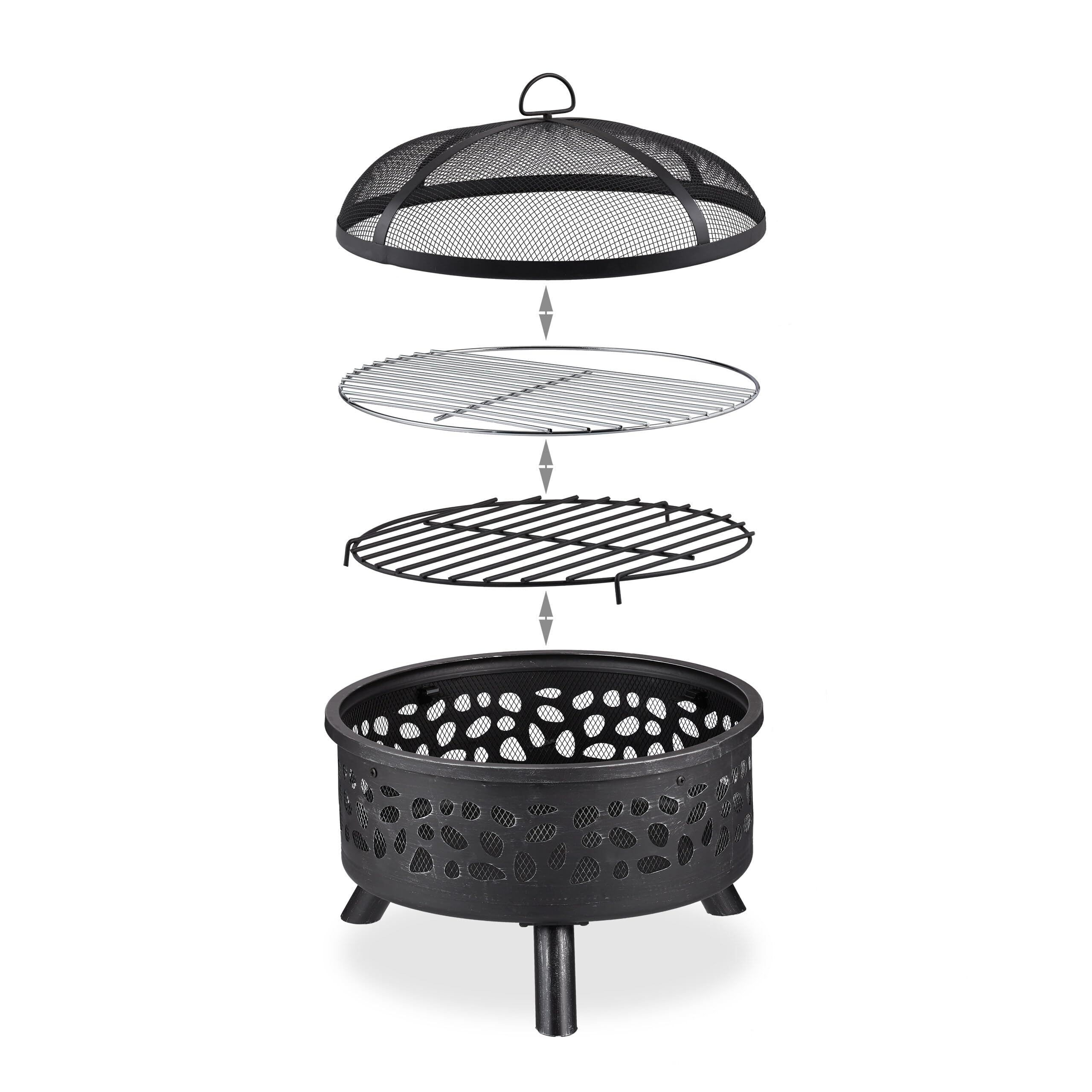 Relaxdays Feuerschale mit Grillrost & Funkenschutz, schwarz/Silber
