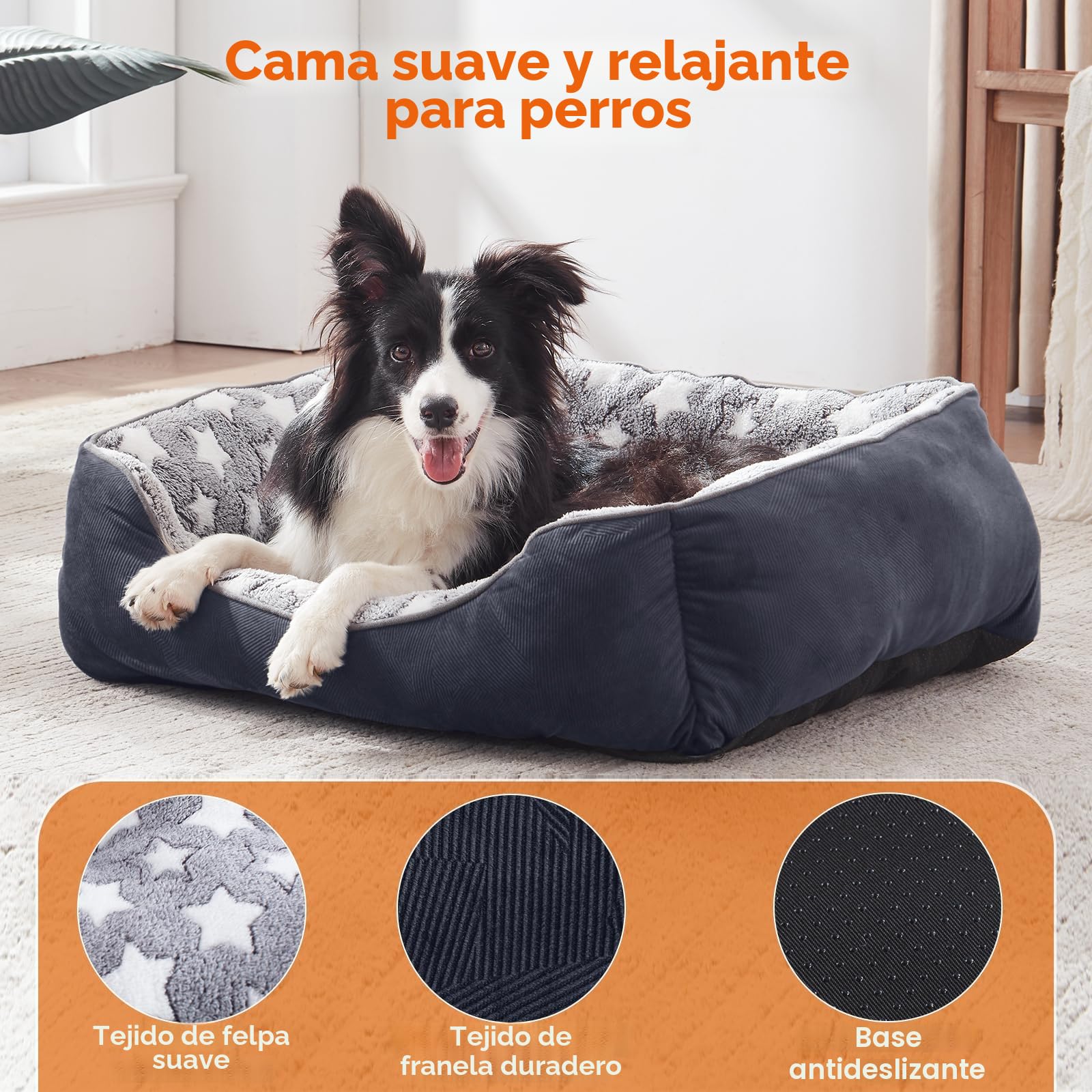 FURTIME Cama para Perros Medianos Antideslizante Antiestres - Colchon Lavable, Caseta, Cuna, Sofa - M(63x53x20cm) Negro