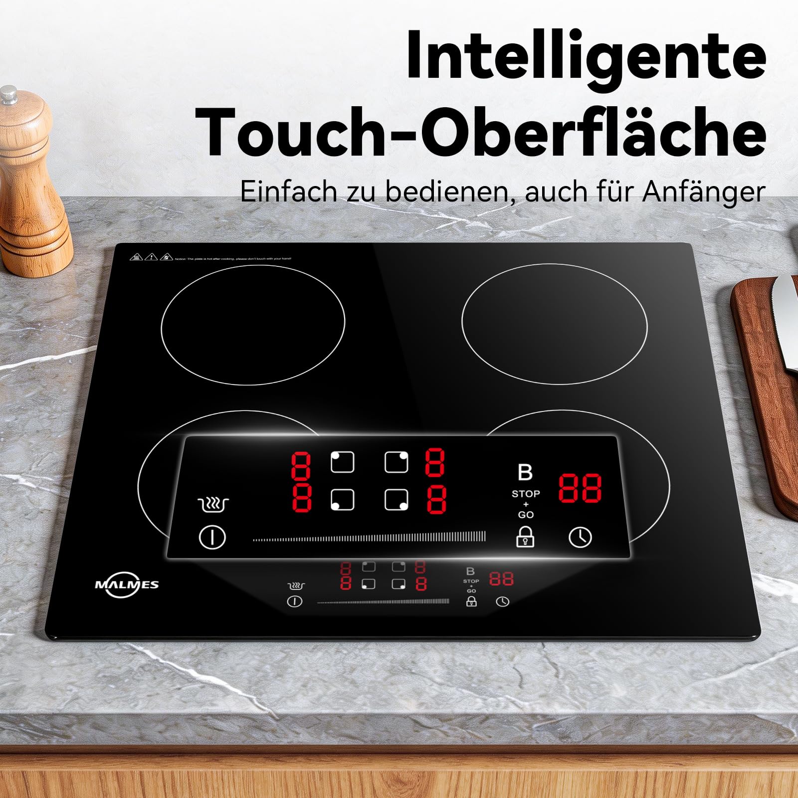 4 Platten Induktionskochfeld 60 cm, 7000W, Einbau Kochfeld Induktion | Power Booster Touch-Bedienung, 9 Leistungsstufen, Sicherheitsschloss, Touch-Bedienung, Zeitschaltuhr, D60474H2