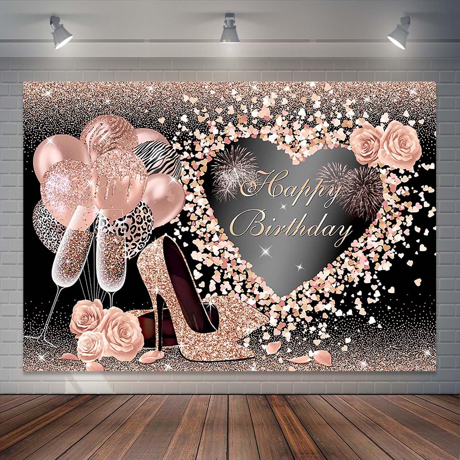Joliaco Rose Gold Women Happy Birthday Backdrop Glitter High Heels Champagne Photography Background Girls Sweet 16th 20th 30th Birthday Party