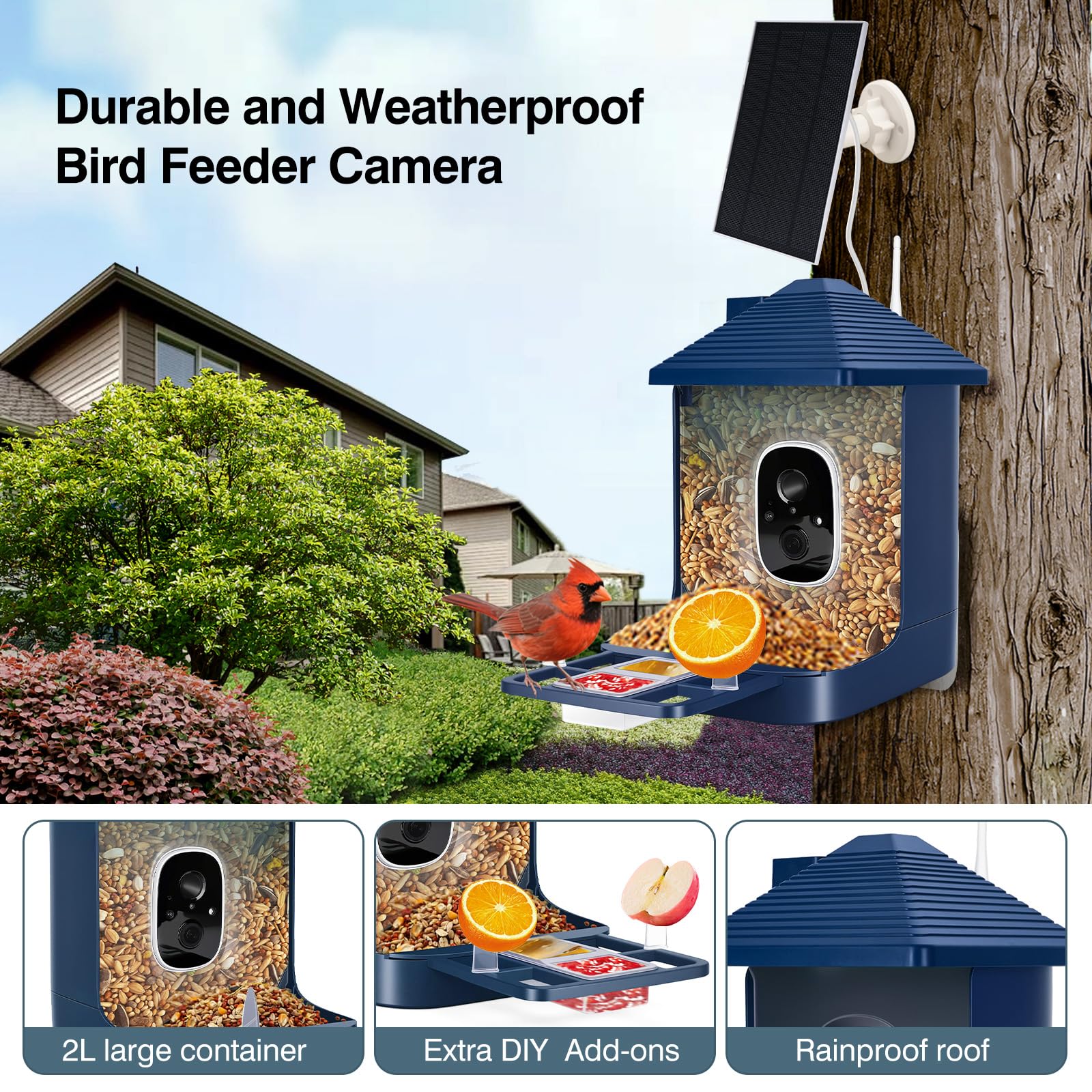 Comedero para pájaros con cámara alimentada por energía solar, identificación de especies con IA, alertas de llegada instantáneas, captura de video HD 2K, vista en vivo, regalo para los amantes de los