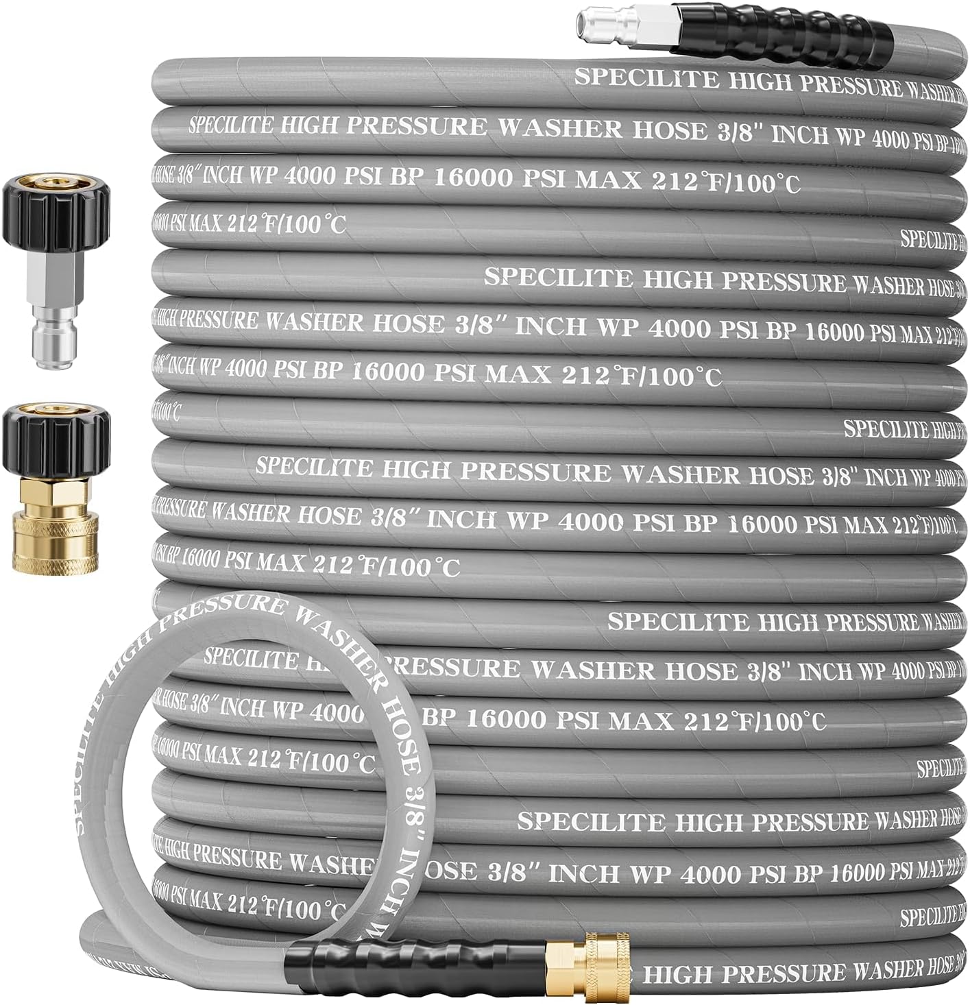 3/8" Pressure Washer Hose 50FT for Hot & Cold Water Max 212℉, 5000 PSI High Durability Steel Braided Layer Power Washer Hoses with 2 M22-14mm QC Adapters, Heavy Duty and Kink Resistant