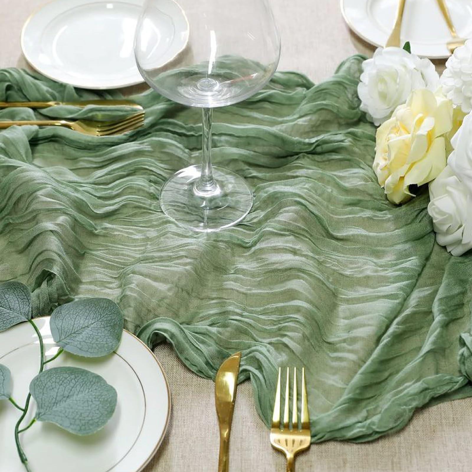 Sioloc Bieżnik na stół z gazą, 3 m, boho, tkanina serowa, bieżnik na stół na wesele, wesele, baby shower, urodziny, dekoracje stołu (szałwiowa zieleń), TR001