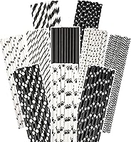Vista 1 de qiqee Pajitas de papel negro, 150 pajitas desechables a granel (10 patrones negros, biodegradables, desechables, 7.75 x 0.25 pulgadas)