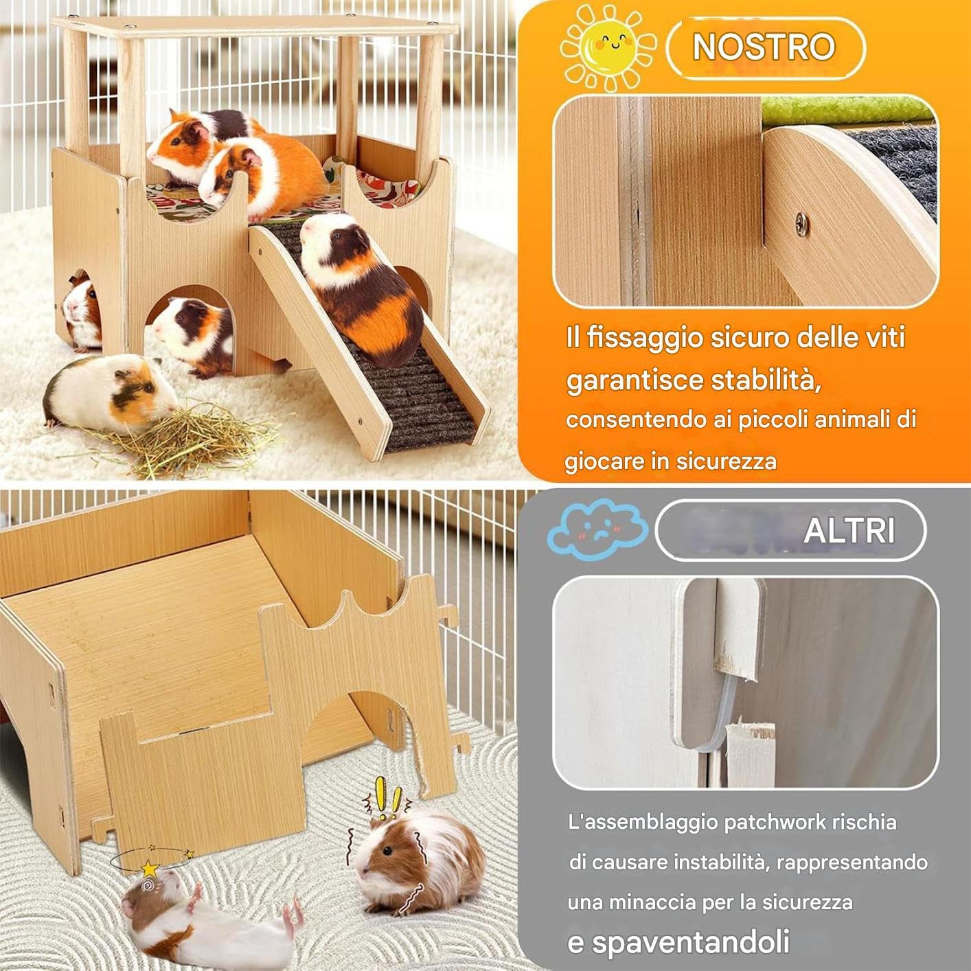 Generico Hamsterhaus aus Holz – 2-stöckiges Haus mit Spielzeug für Kleintiere und Käfig, natürliche Unterkunft für Chinchillas, syrischer Hamster, Rennmaus