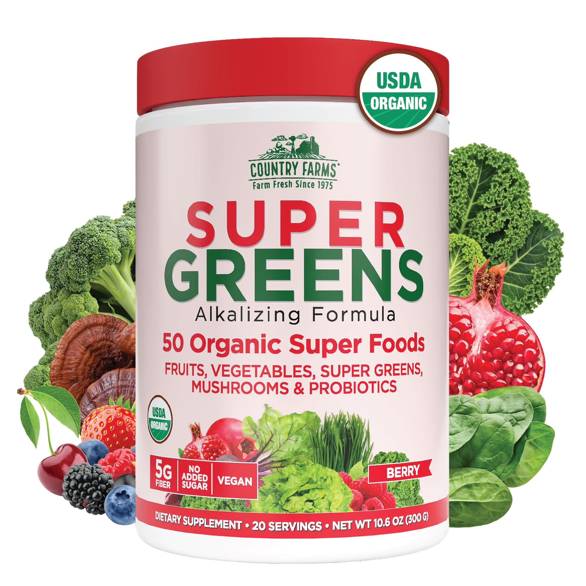 Organic Super Greens Berry Flavor, 50 Organic Super Foods, Packed with Fiber, USDA Organic Drink Mix, Fruits, Vegetables, Mushrooms & Probiotics, Supports Energy, 5g Fiber