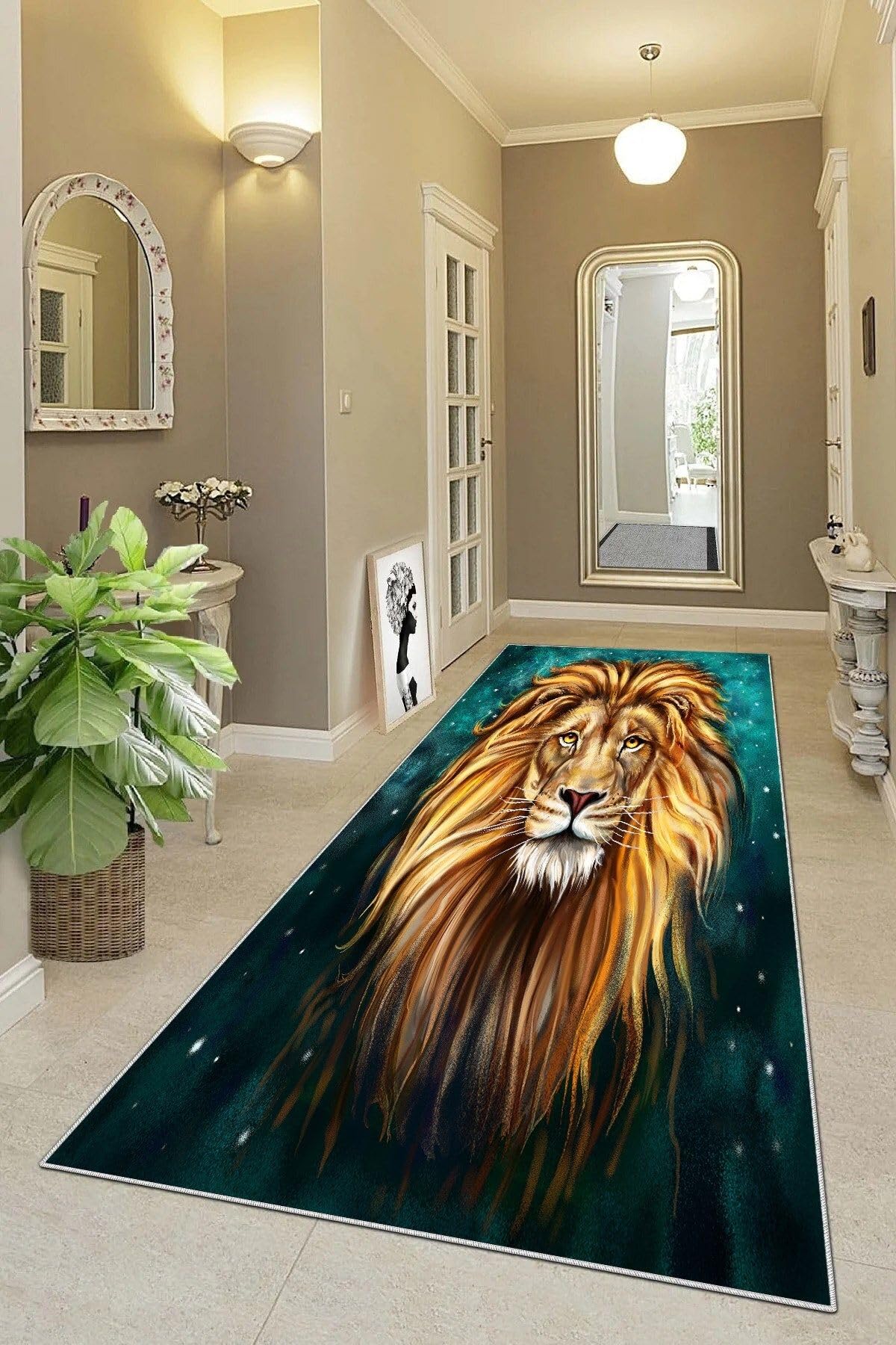 Pelangi Aslan Kafası Portre Aslan Burcu Dijital Baskı Yıkanabilir Modern Salon Halı ve Yolluk, Yeşil-Sarı 80 x 150, 95552980801507