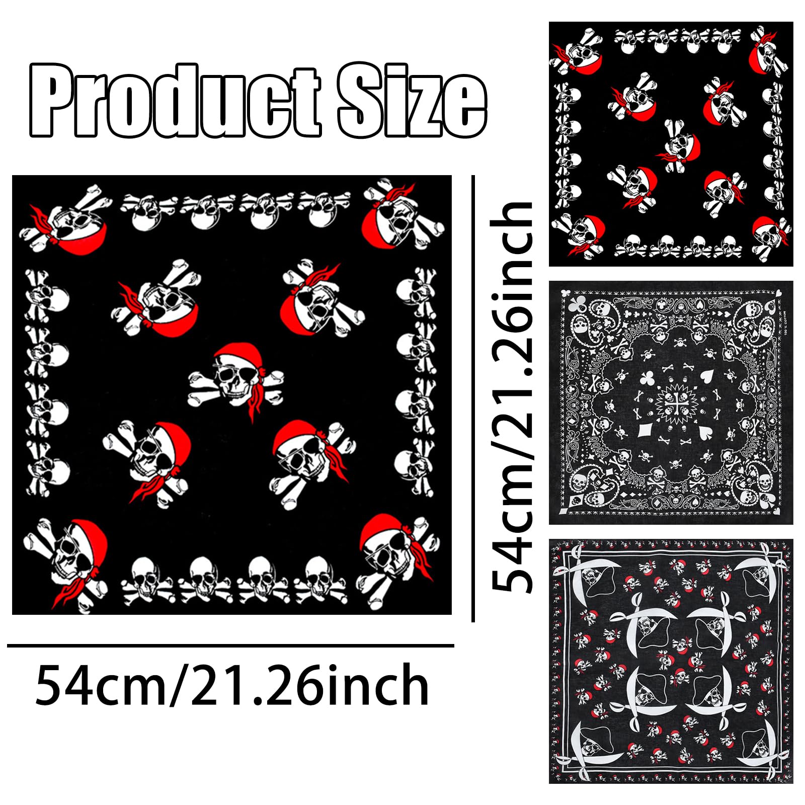 3 pañuelos negros de calavera, diadema de pirata de Halloween, bufanda de algodón de doble cara, envoltura para la cabeza para mujeres y hombres, uso diario unisex