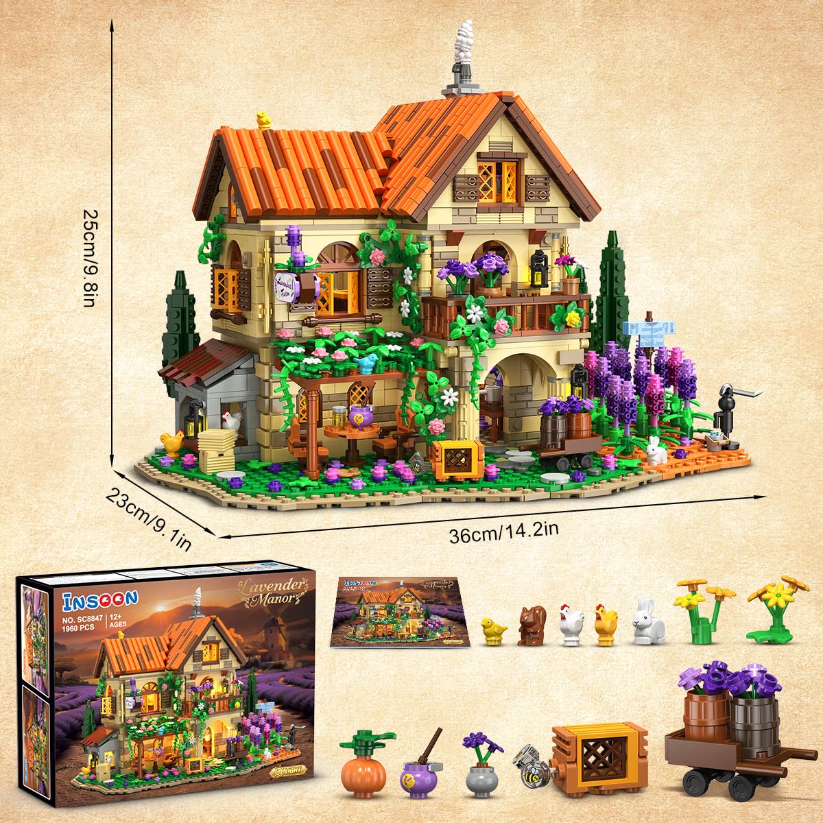 INSOON Mansión Lavanda con Luz, Kit de Construcción para Adultos 12+ | Maqueta de mansión romántica con lavanda, casa para construir, regalo para jóvenes, niños y niñas desde 12 años, 1960 piezas