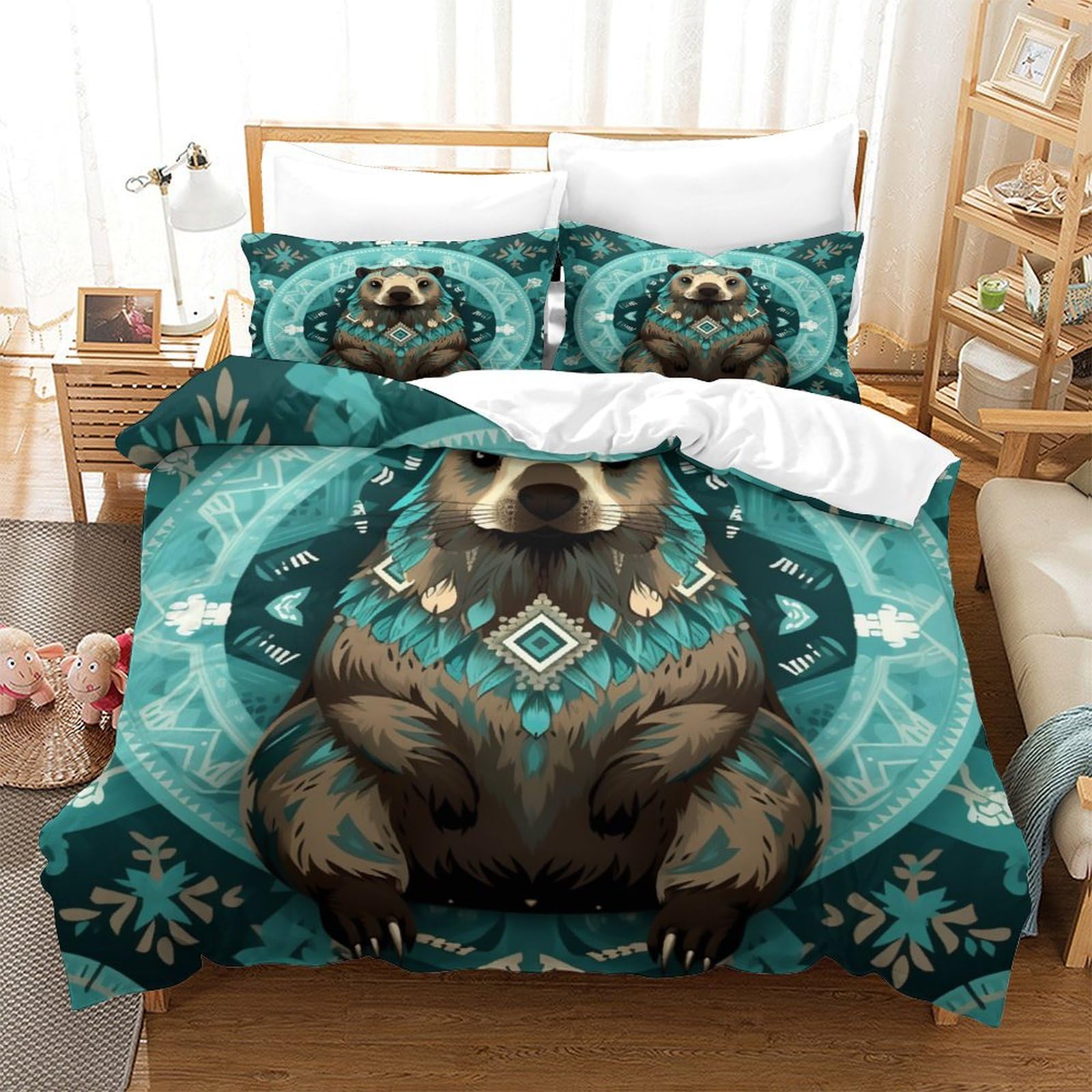 P1S9U7W5Y Ethnic Pattern 3D Printed Bear Duvet Cover Set 3 Pieces Microfiber Bedroom Decor Bear Bedding Set for Adults Teens Double（200x200cm）