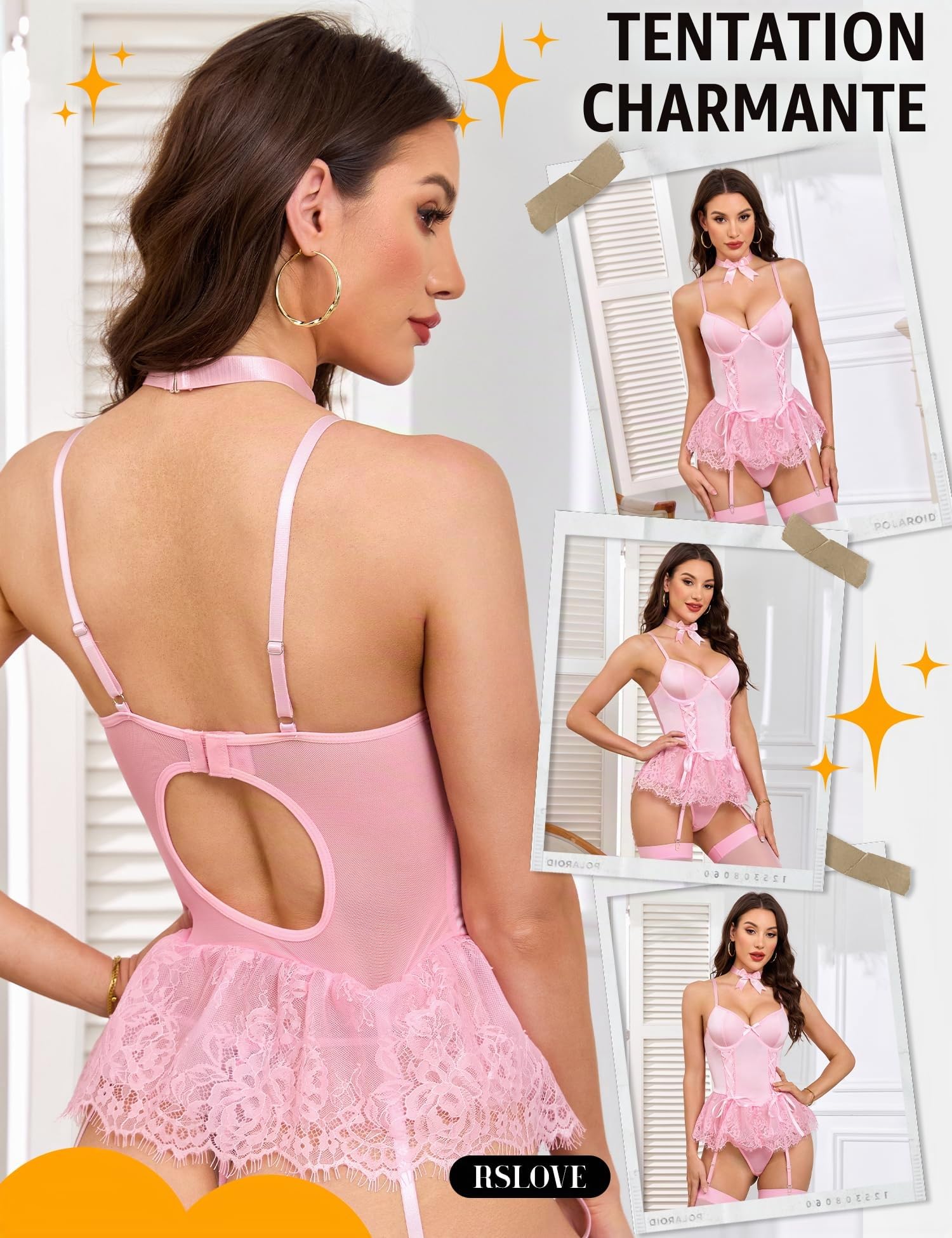 RSLOVE Corset Lingerie Sexy Femme - Babydoll avec Porte Jarretelle et Bas Teddy Vêtements de Nuit Sexy 4 Pièces