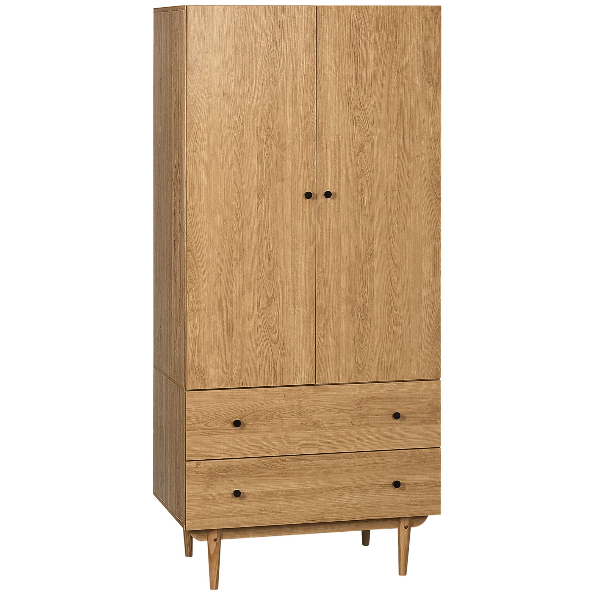 HOMCOM 2 Door Wardrobe with 2 Drawers, Hanging Rail, Natural Wood Colour