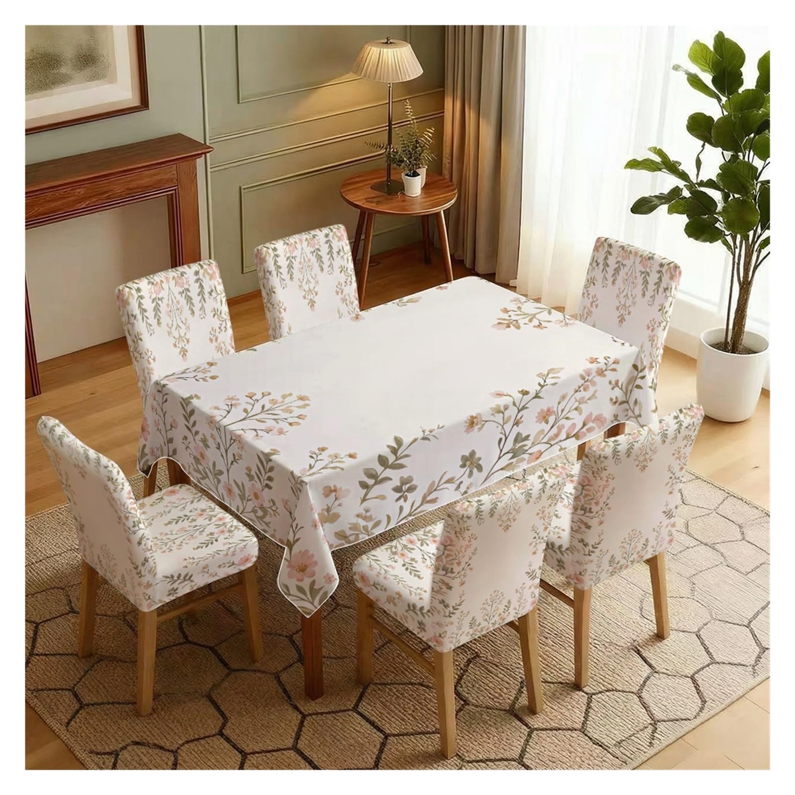 BOSUYBN Vintage Botanical Floral Printed Dining Tablecloth & Chair Covers Set, 5/7 Piece Fresh Cottagecore Farmhouse Home Decor Table Setting(7pcs Set: Tablecloth+Chair Covers)