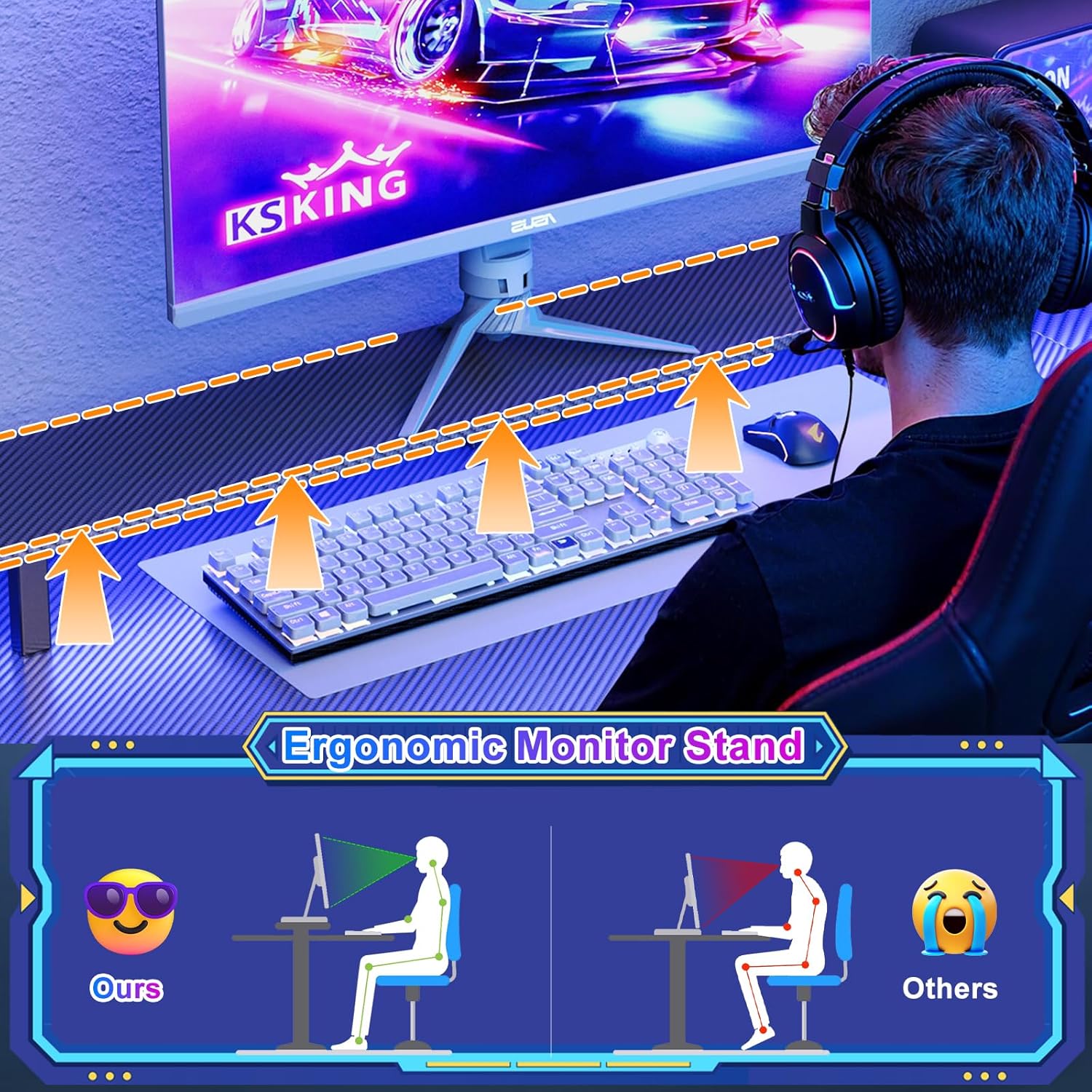 L Shaped Ging Desk with Power Outlets & LED Lights, 53 inch Corner
