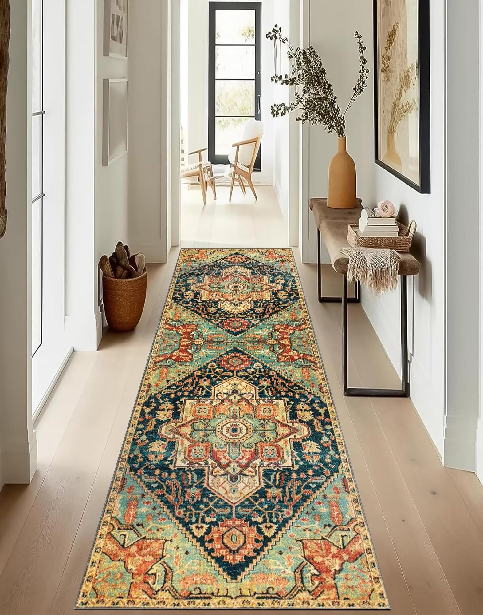 Alfombra bohemia antideslizante para pasillo y cocina, 110 x 180 cm, vintage, verde, rojo, dorado, largo personalizable para sala de estar, dormitorio y más