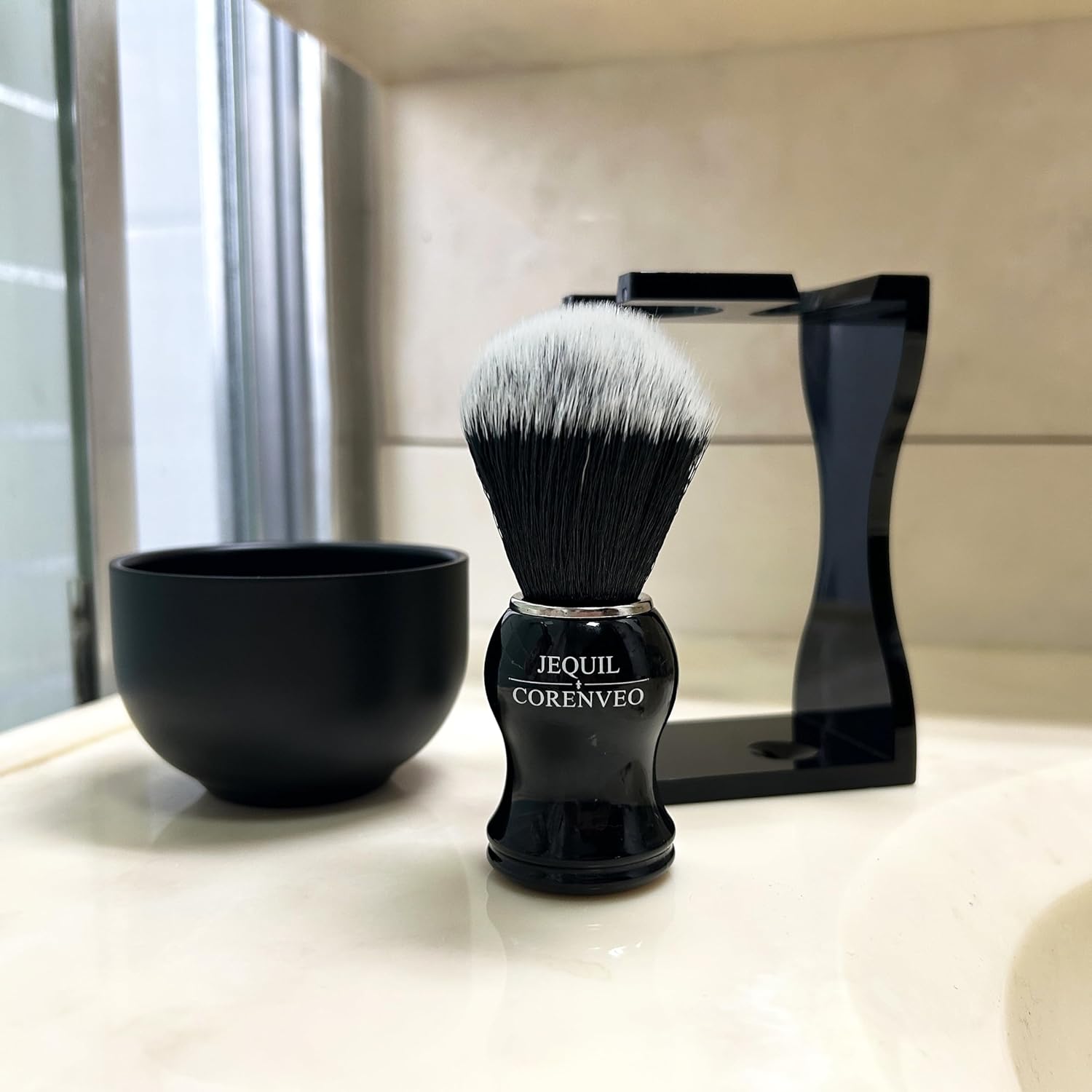 JEQUIL&CORENVEO Men's Shaving Brush Set, 3pcs Synthetic Shaving Brush with Acrylic Stand and Steel Bowl - Image 2
