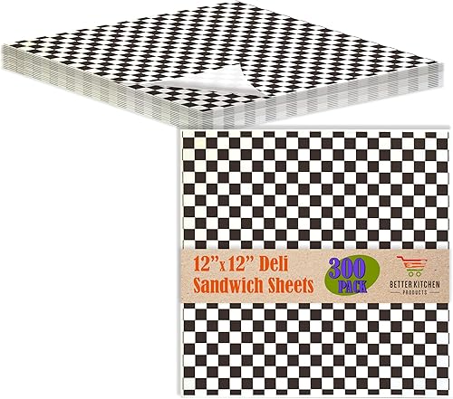 Better Kitchen Products - 300 hojas de papel de cera seca a cuadros, 12 x 12 pulgadas, envoltura de delicatessen a prueba de grasa para servicio de
