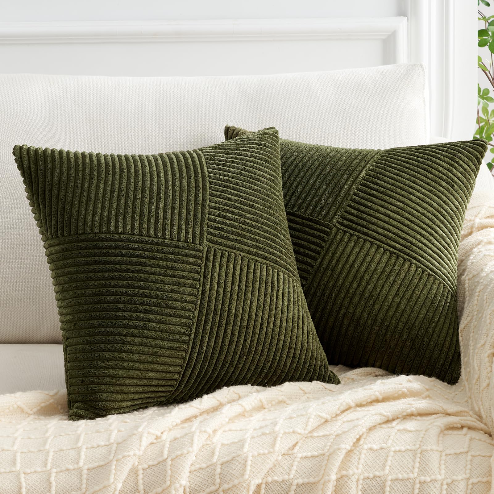 Topfinel Olive Green Cushion Covers 45x45 cm 18x18 Inch Set of 2 Corduroy Patchwork Pinwheel Throw Pillow Cases with Invisible Zipper Decorative Sofa Cushion Covers for Living Room Bedroom Sofa Bed