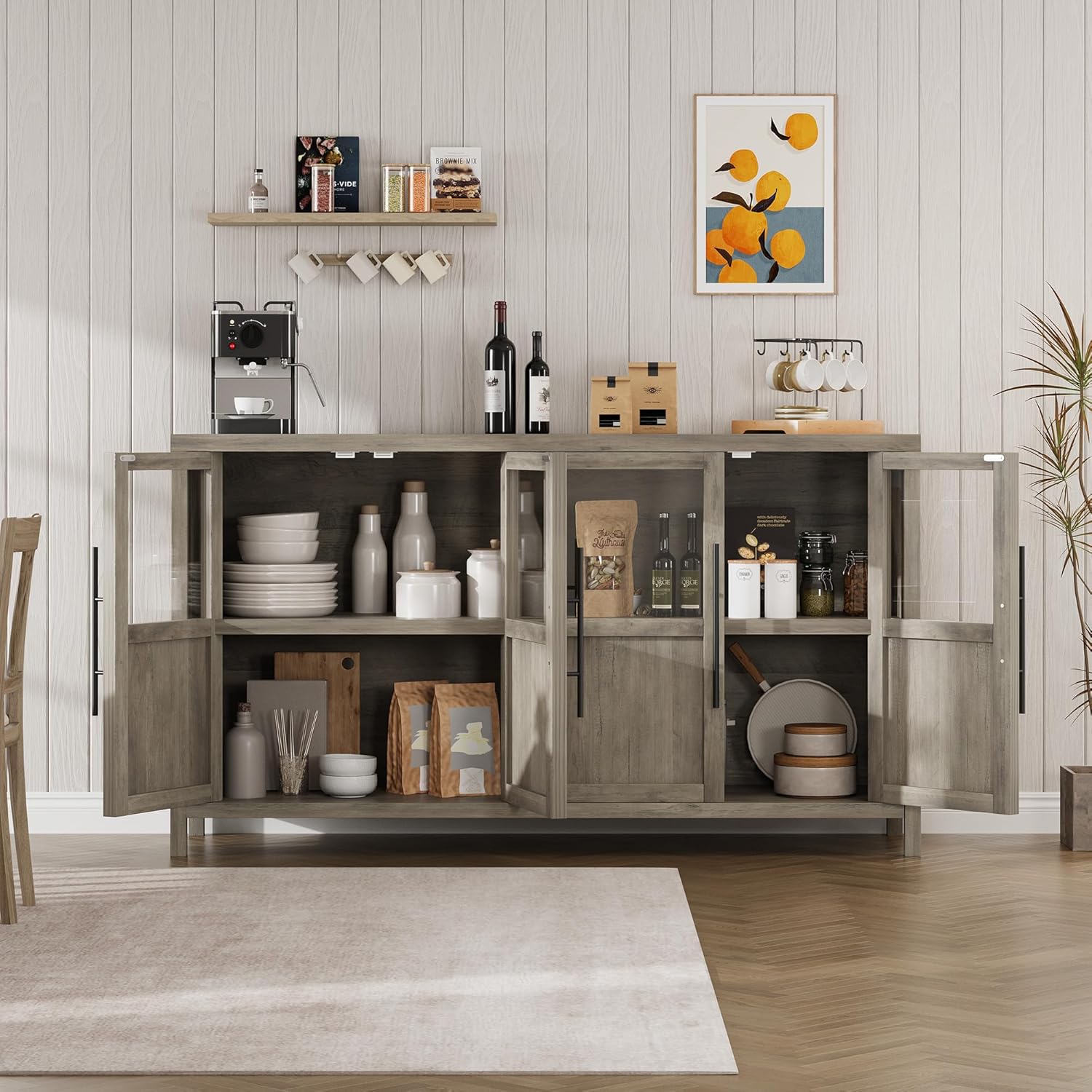 GarveeHome Sideboard Buffet Cabinet with doors open, showing internal storage