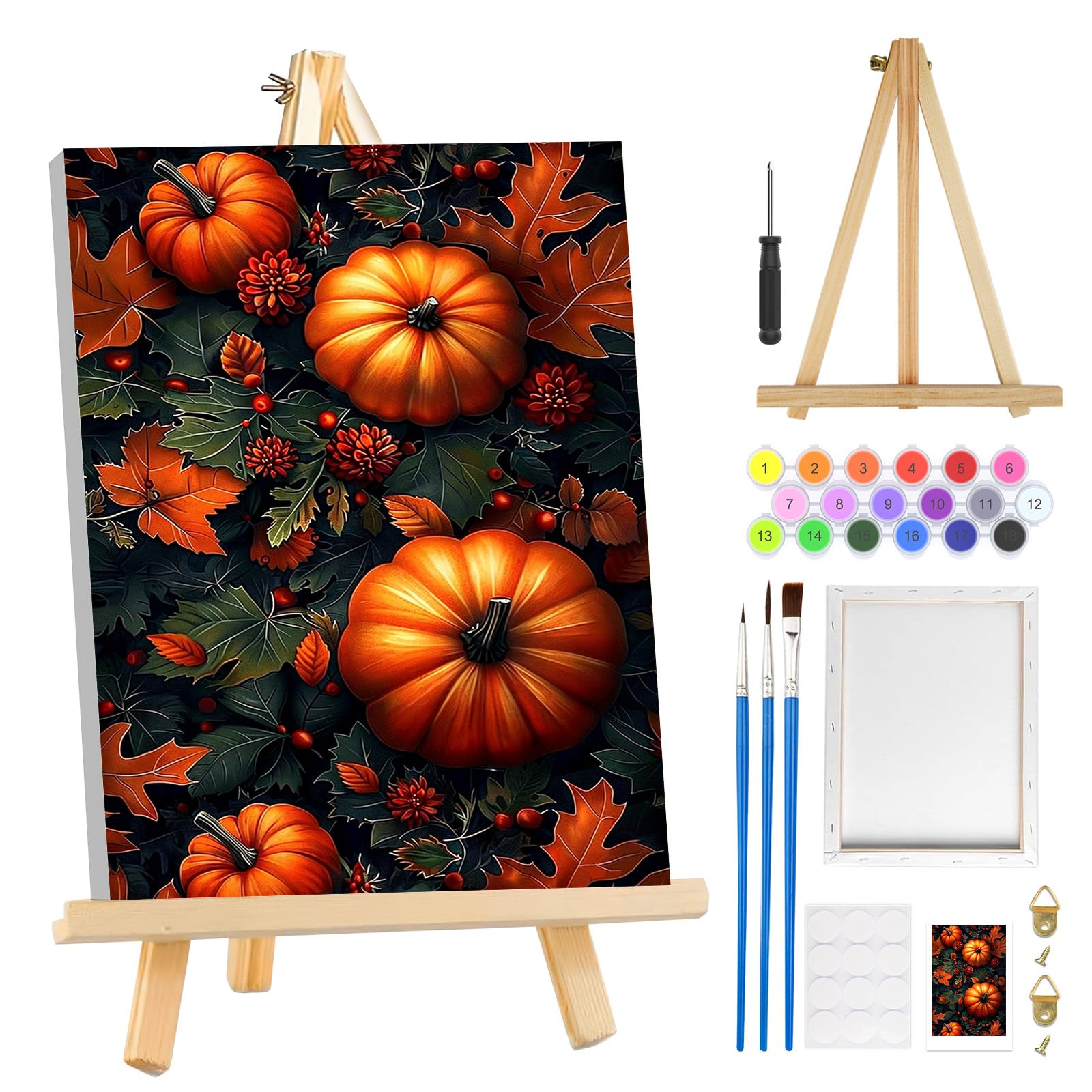 MOGTAA Autumn Pumpkin Paint by Numbers for Adults Beginners with Frame, Fall Painting by Numbers for Adults with Easel, Easy DIY Halloween Oil Painting Kits Art Crafts for Home Decor, 8x12in