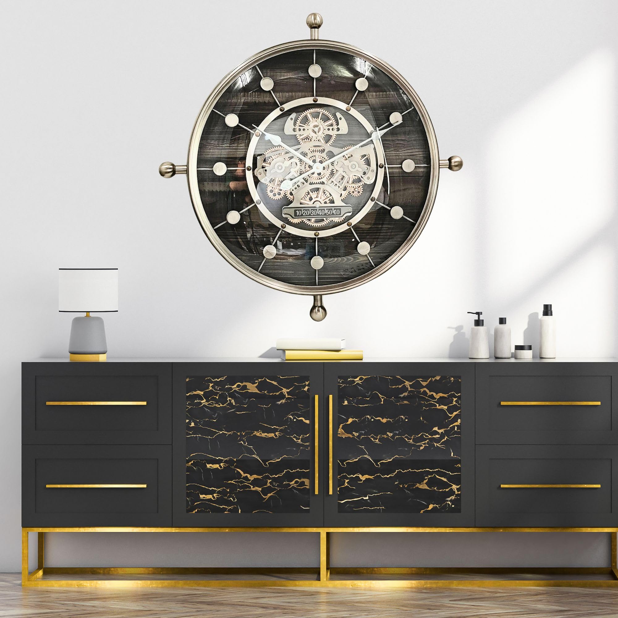 THE GEARS CLOCK Horloge murale à engrenage mobile 27" Luxembourg Line (noir argenté, 68 cm)