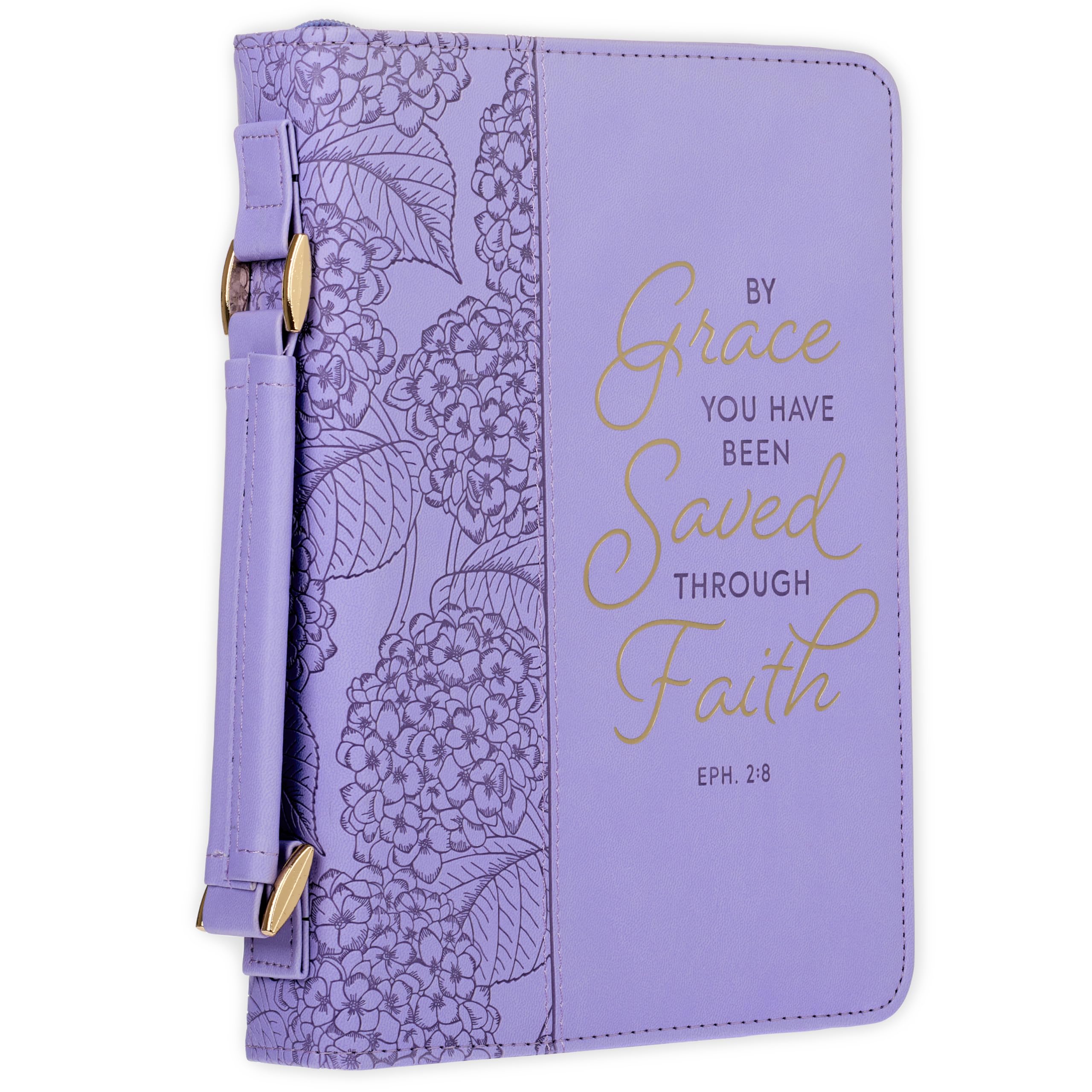 Christian Art Gifts Faux Leather Fashion Bible Cover for Women: By Grace You Have Been Saved - Ephesians 2:8 Inspirational Bible Verse, Hydrangea