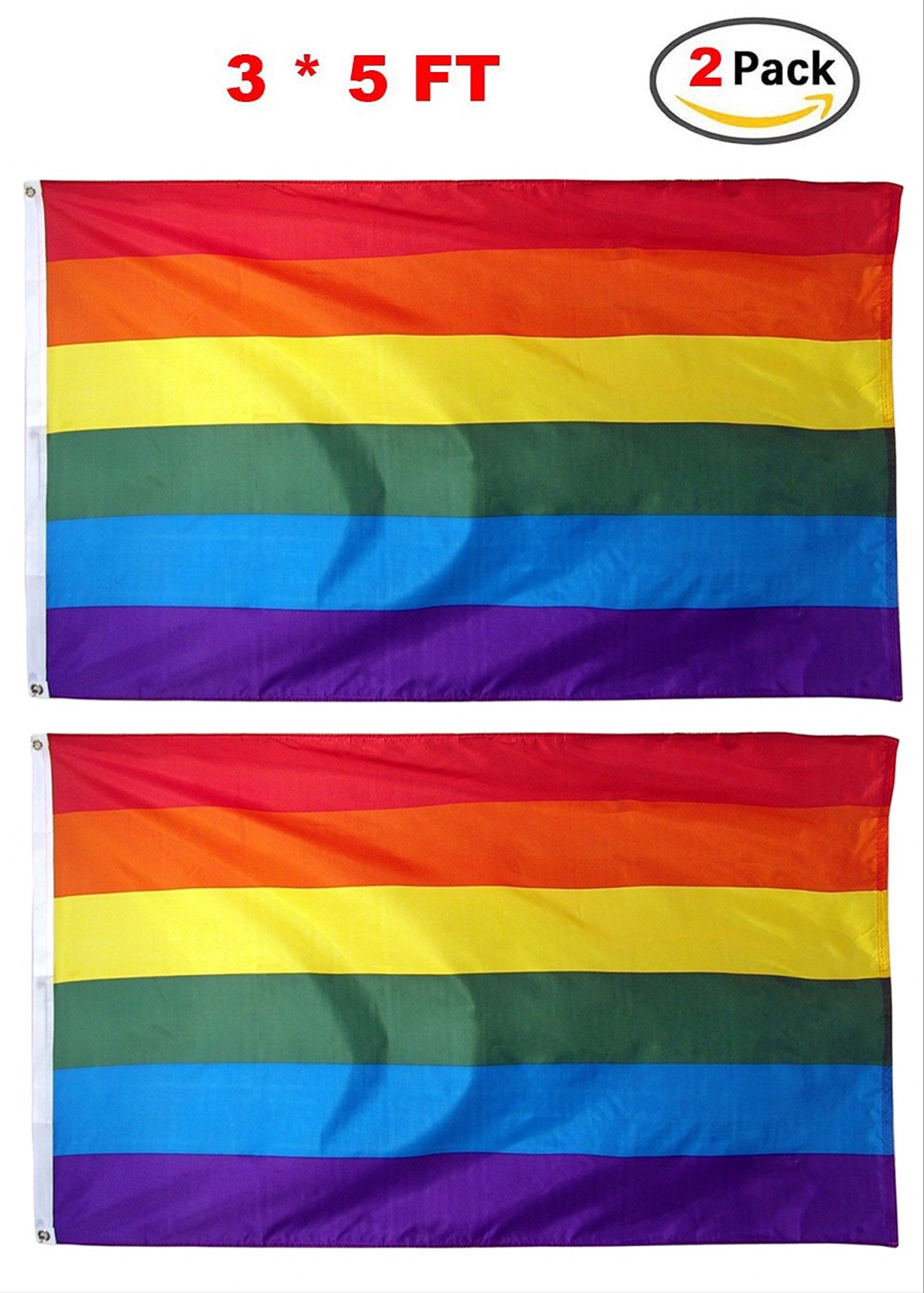 Fivecats 2 pack 3×5 foot Rainbow Gay Pride Flag- vivid color and fade resistant, canvas header and brass grommets, Quality Guaranteed