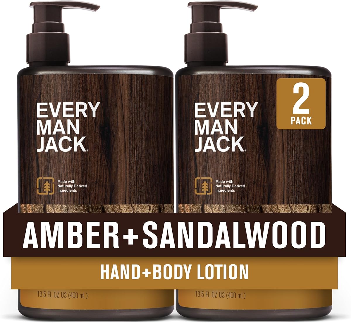 Hand & Body Lotion for Men, Amber Sandalwood, 2pk | Nourishes & Moisturizes Dry Skin, Fast-Absorbing Lightweight, Plant Based Cocoa Butter, Dermatologist Tested, All Skin Types