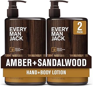 Every Man Jack Mens Amber + Sandalwood Hand & Body Lotion for All Skin Types - Dermatologist Tested & Hypoallergenic - Nourish Skin with Lightweight Fast Absorbing Lotion - 13.5oz 2 Bottles