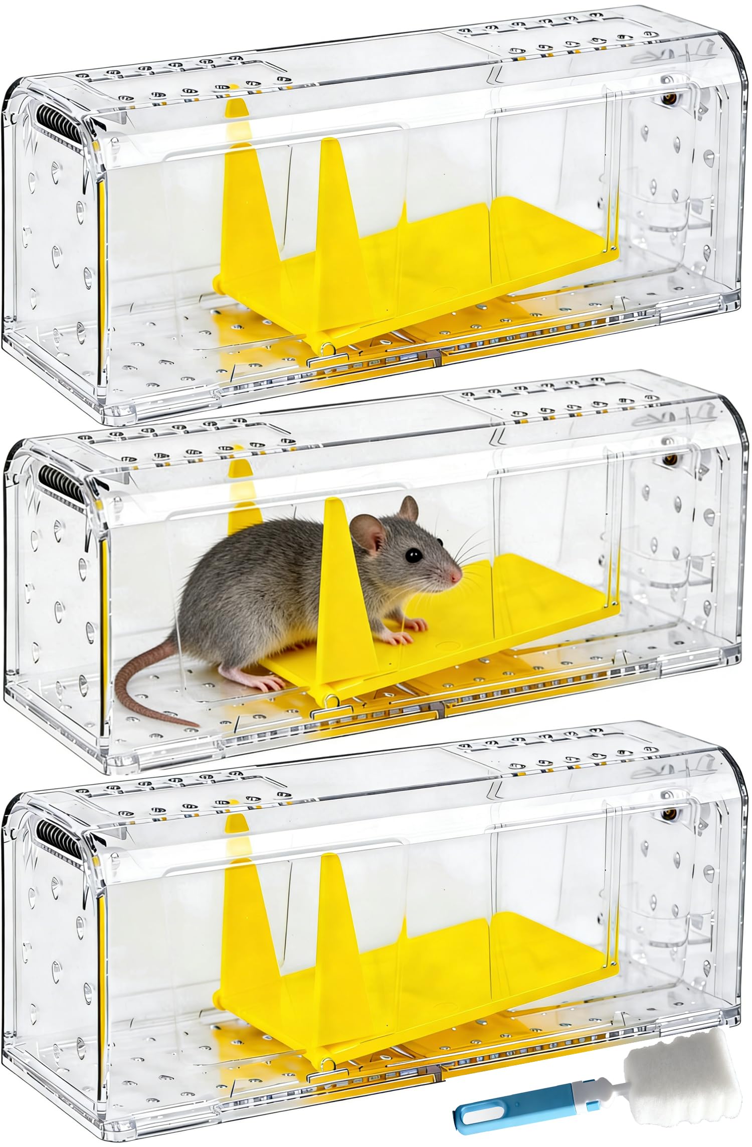 3 Pack Humane Mouse Trap Live Catch - No Kill & No Glue, Pets & Children Friendly, Reusable Rodent Catcher with Cleaning Brush for Indoor & Outdoor Use