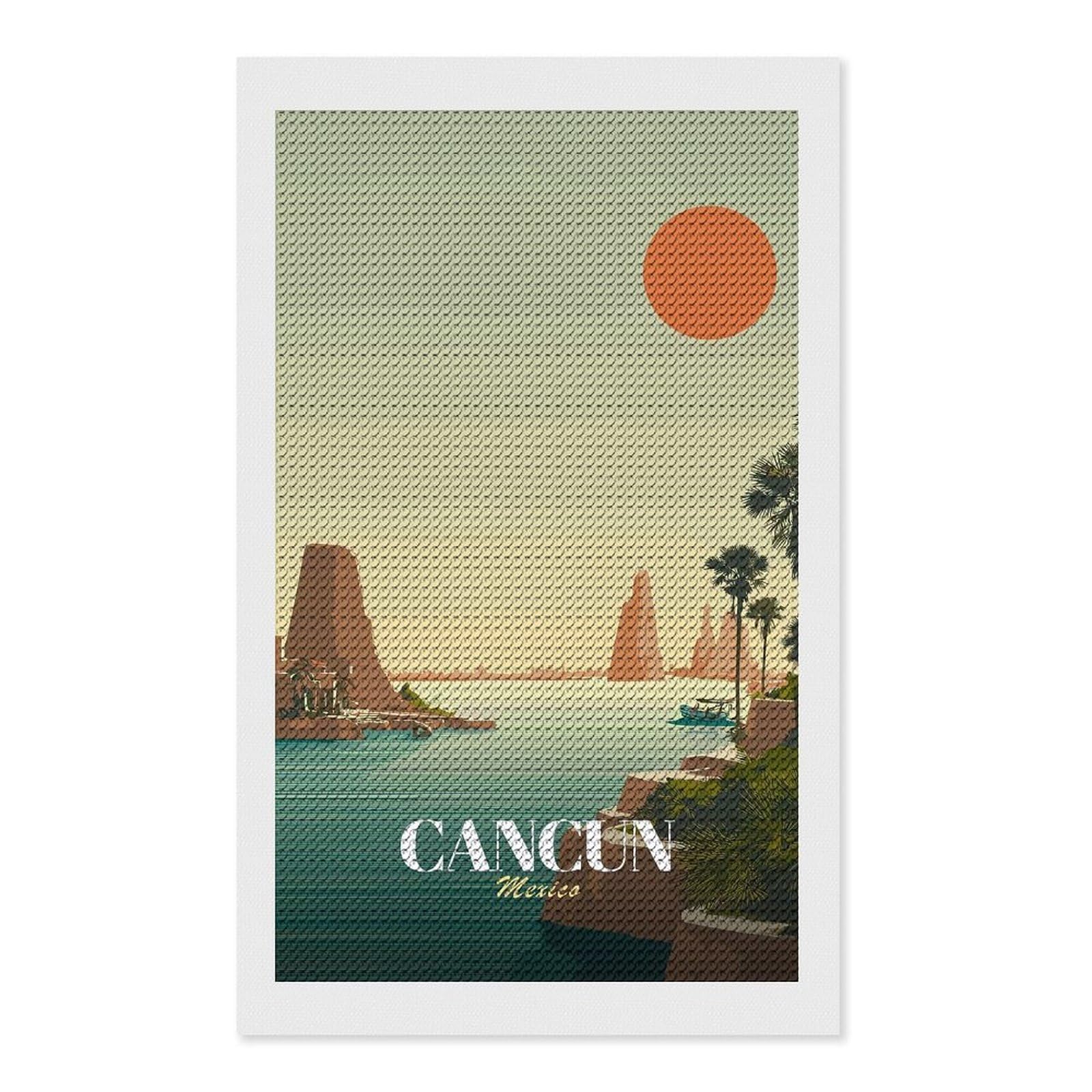Junmoney Cancun Mexico Vintage Travel (2) Crystal Diamond Art Kit 12"x20", Modern Decor, Boho Decor, Wall Art Gift, Decorative Artwork, Creative Hobby