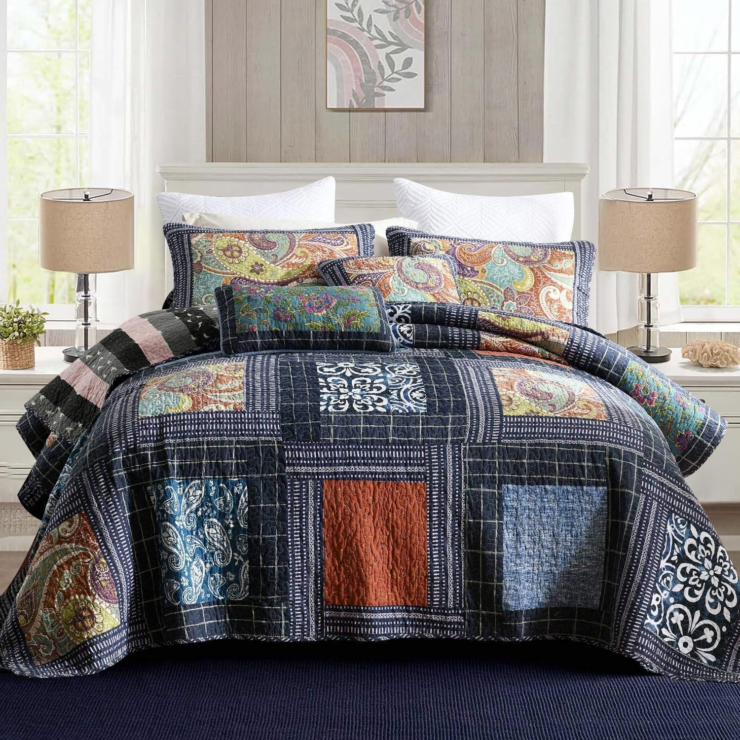 3 Pcs Cotton Floral Patchwork Quilted Bedding Set 1 Bedspread with 2 Pillow Shams Vintage Style Queen Size King Size (BlackPaisley, Queen)