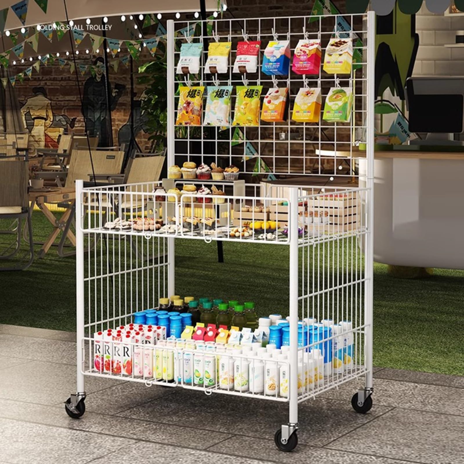 Marktstand, Imbisswagen Verkaufsstand-Ausstellungsregal Mit 2 Ebenen Für Lebensmittel/Kunsthandwerk/Papier, Bewegliche Drahtgitterwand-Ausstellungsständer Für Den Einzelhandel, Supermarkt-Konzessionss