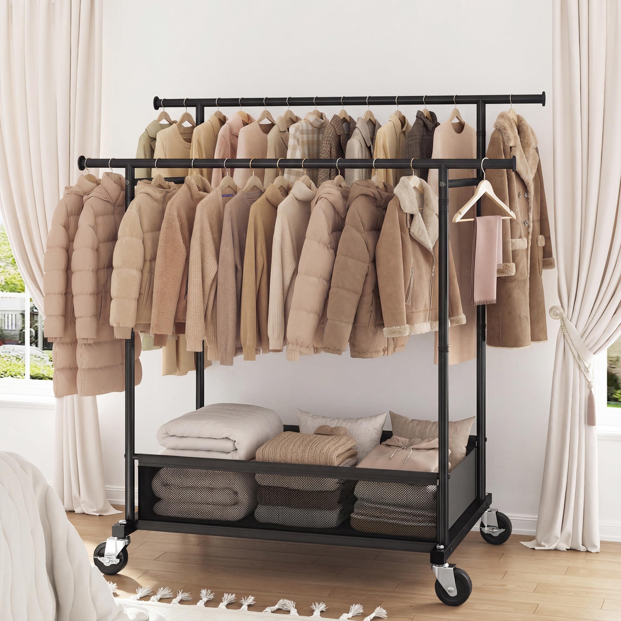 110cm Doppelter Kleiderständer auf Rollen, 110KG Traglast Stabil Kleiderständer mit 48L Wäschekorb, Kleiderstange für Mäntel, Jacken, Pullover, Kleider, Schlafzimmer, Mietwohnung, Schwarz