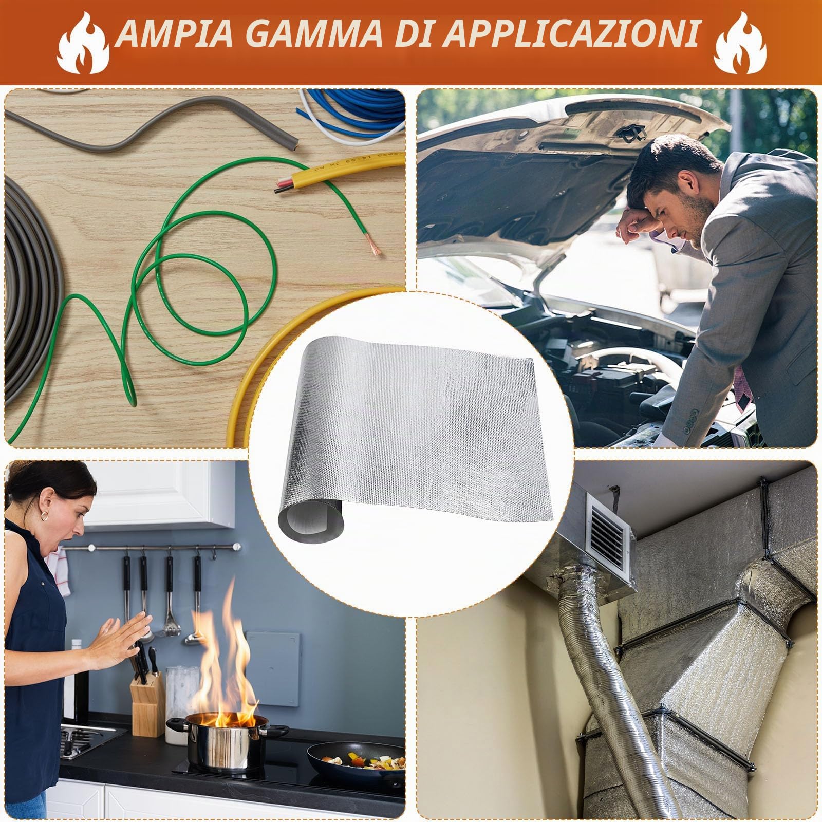 Pannello Scudo Termico in Alluminio Autoadesivo in Fibra di Vetro 60 x 250 cm 300℃ per Tubo Scarico Auto Moto